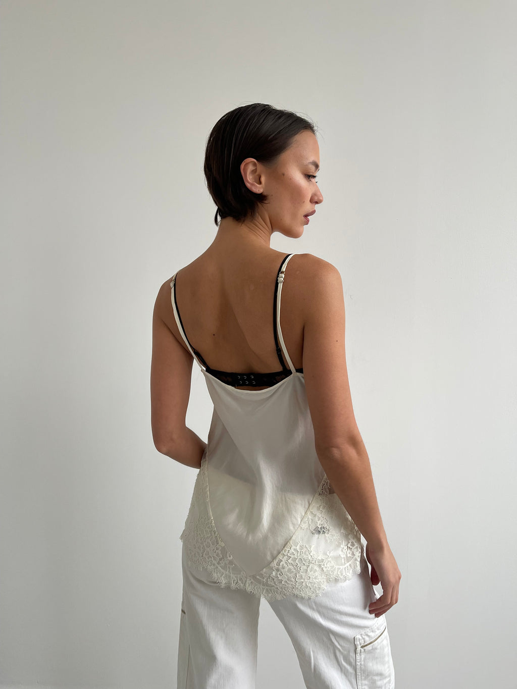 Vintage cream satin cami with lace inserts