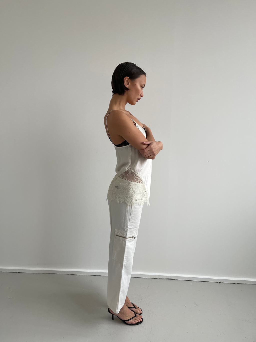 Vintage cream satin cami with lace inserts