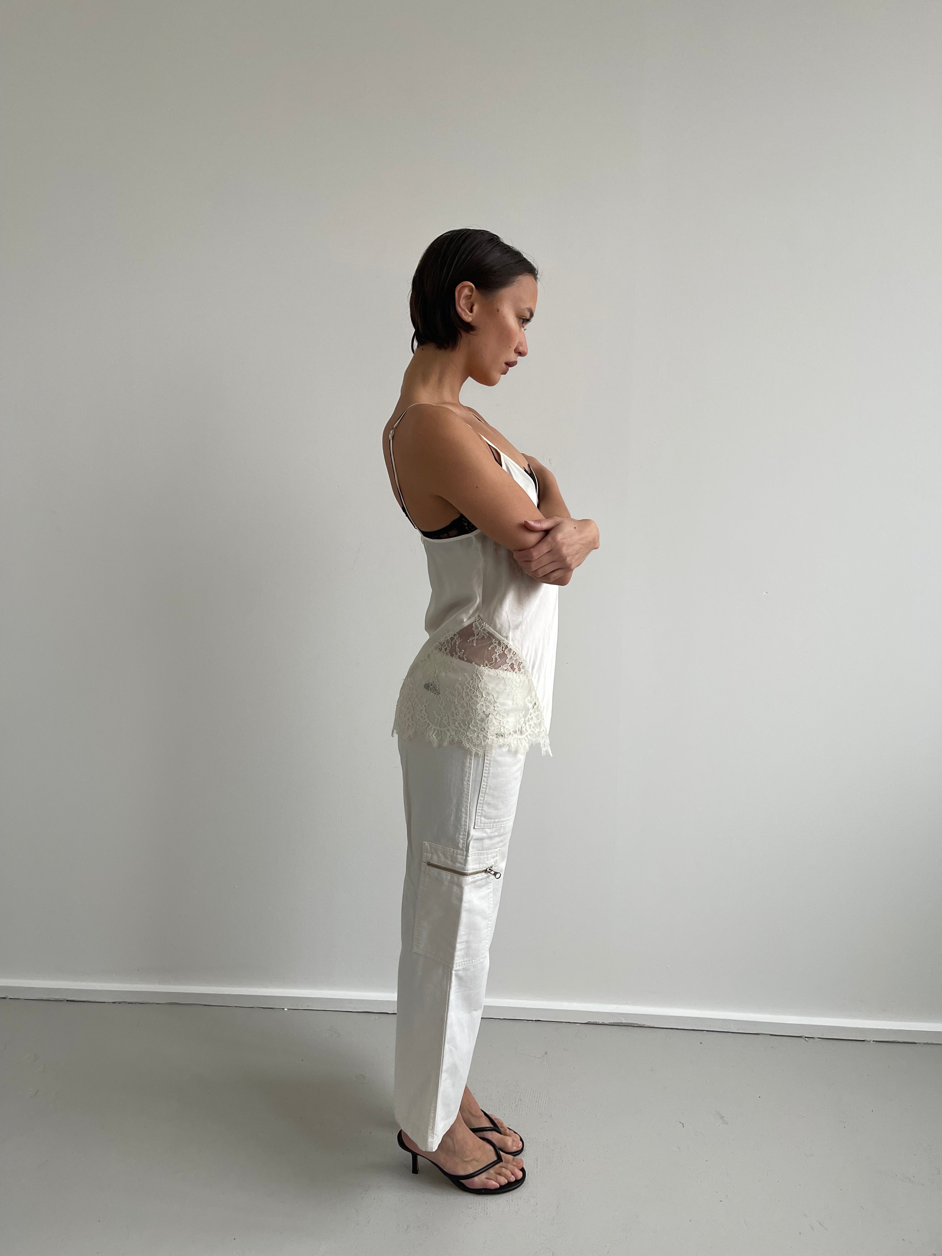 Vintage cream satin cami with lace inserts