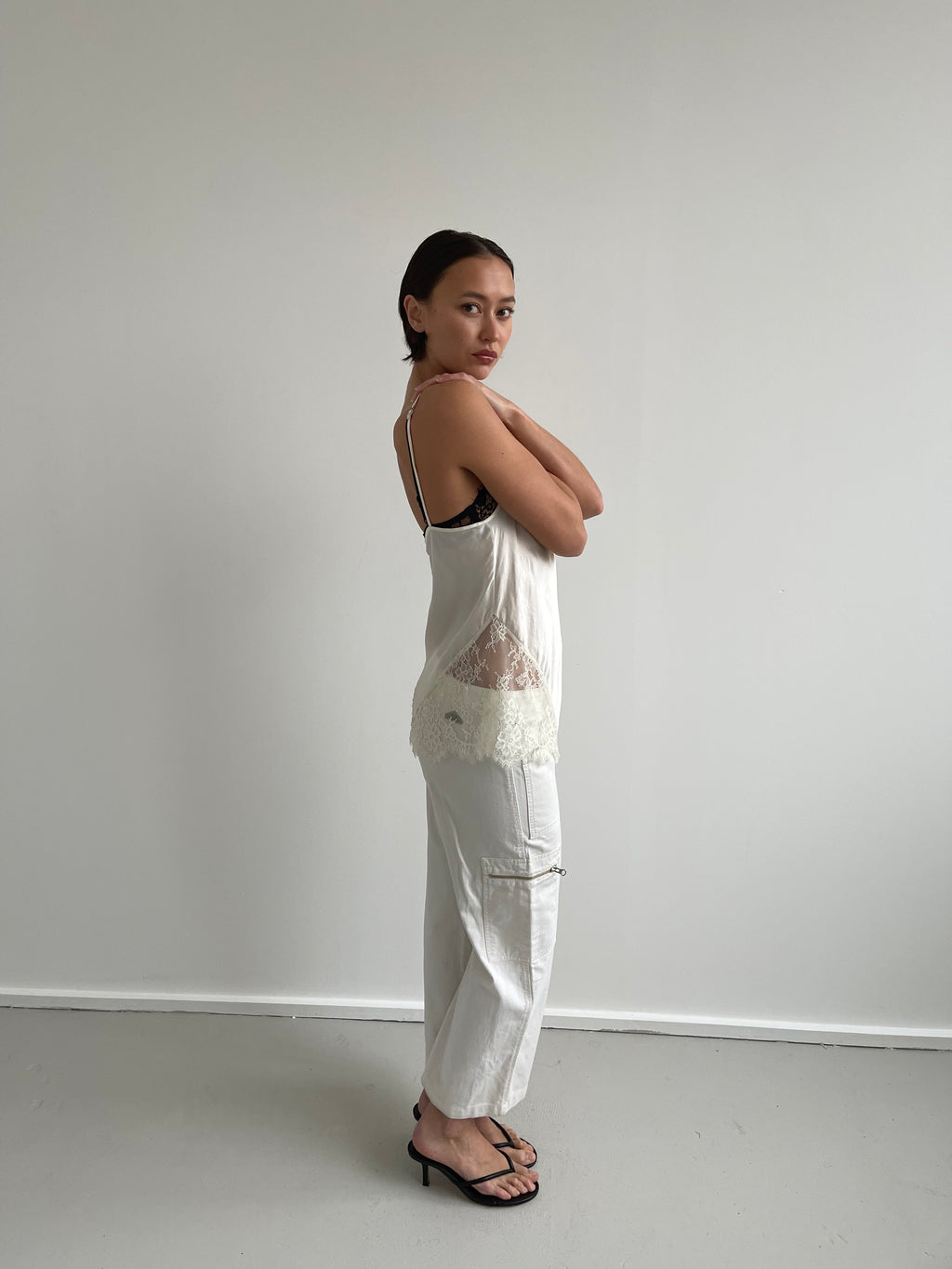Vintage cream satin cami with lace inserts