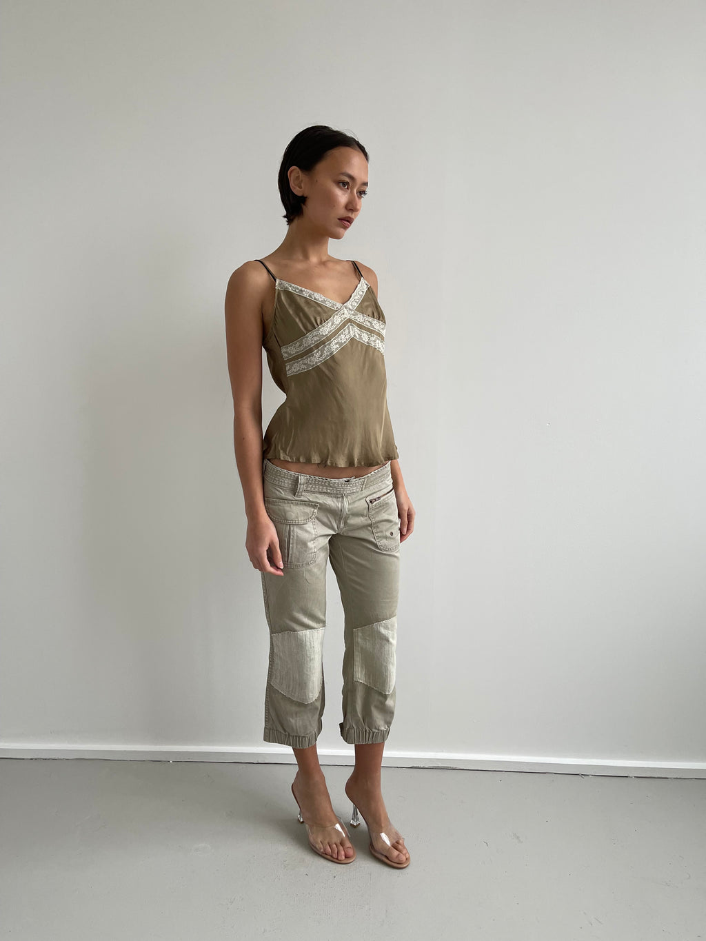 United Colors of Beneton khaki beige cami top with lace trims