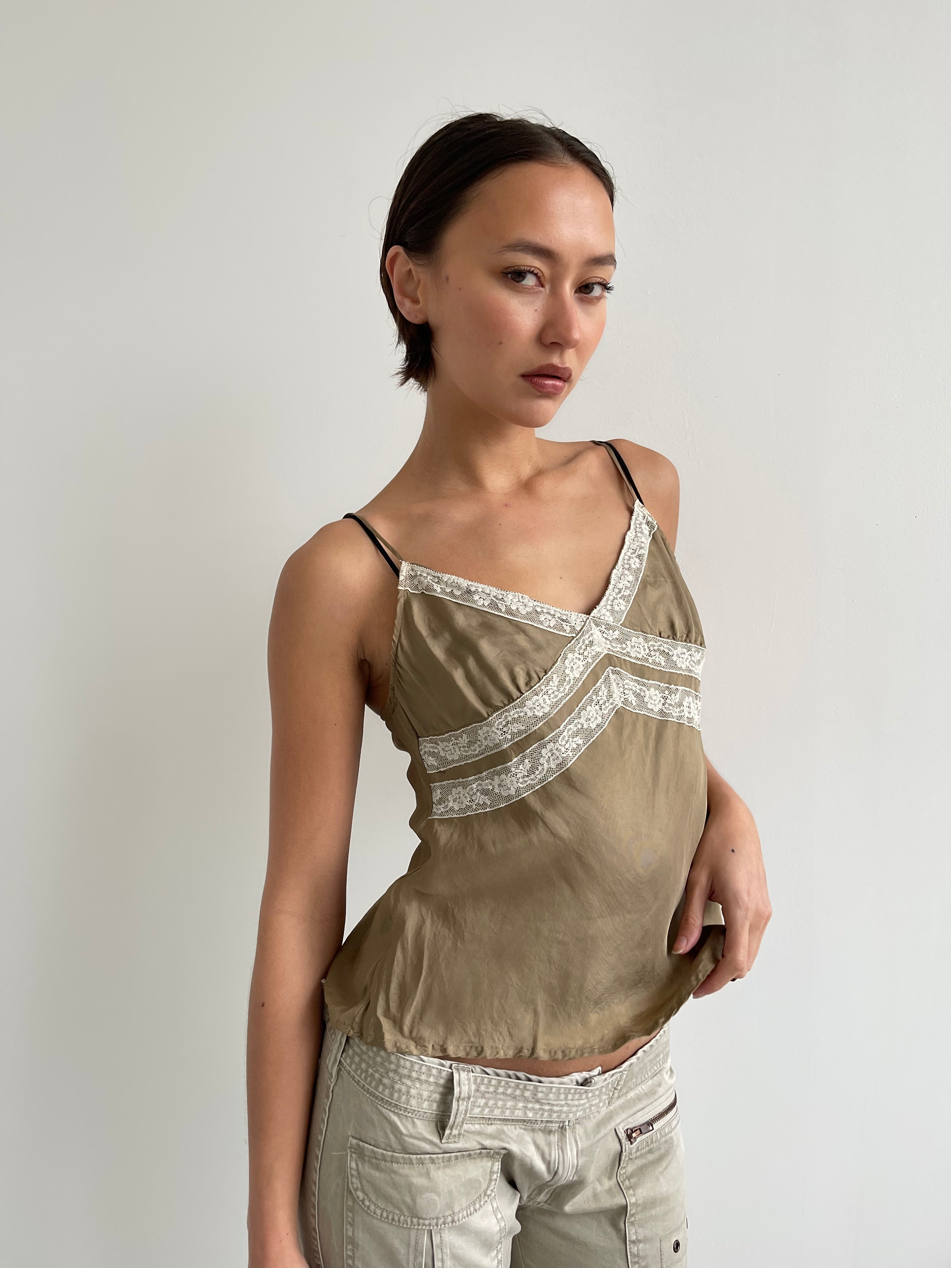 United Colors of Beneton khaki beige cami top with lace trims