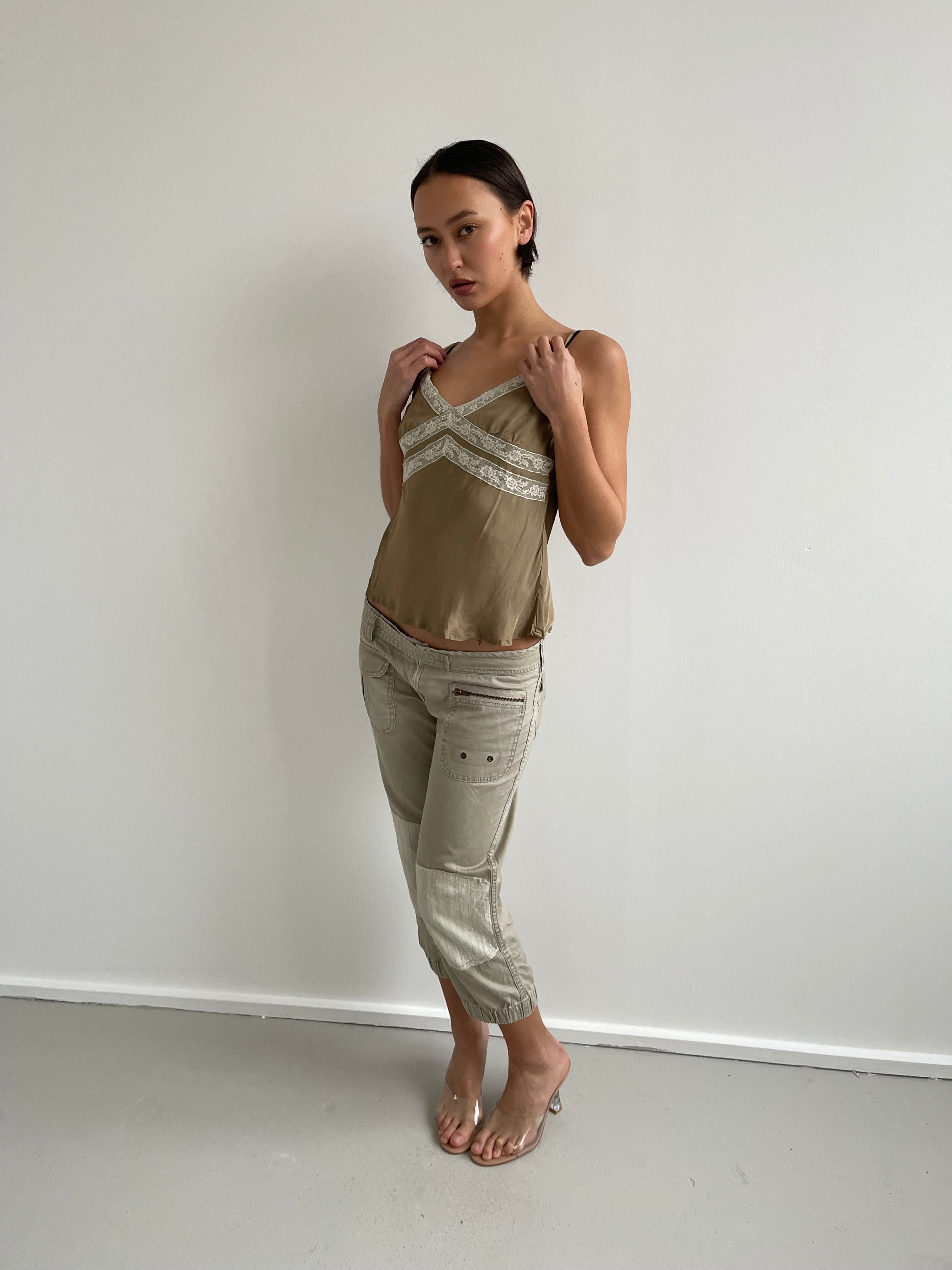 United Colors of Beneton khaki beige cami top with lace trims