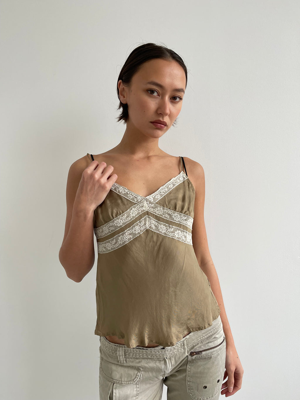 United Colors of Beneton khaki beige cami top with lace trims