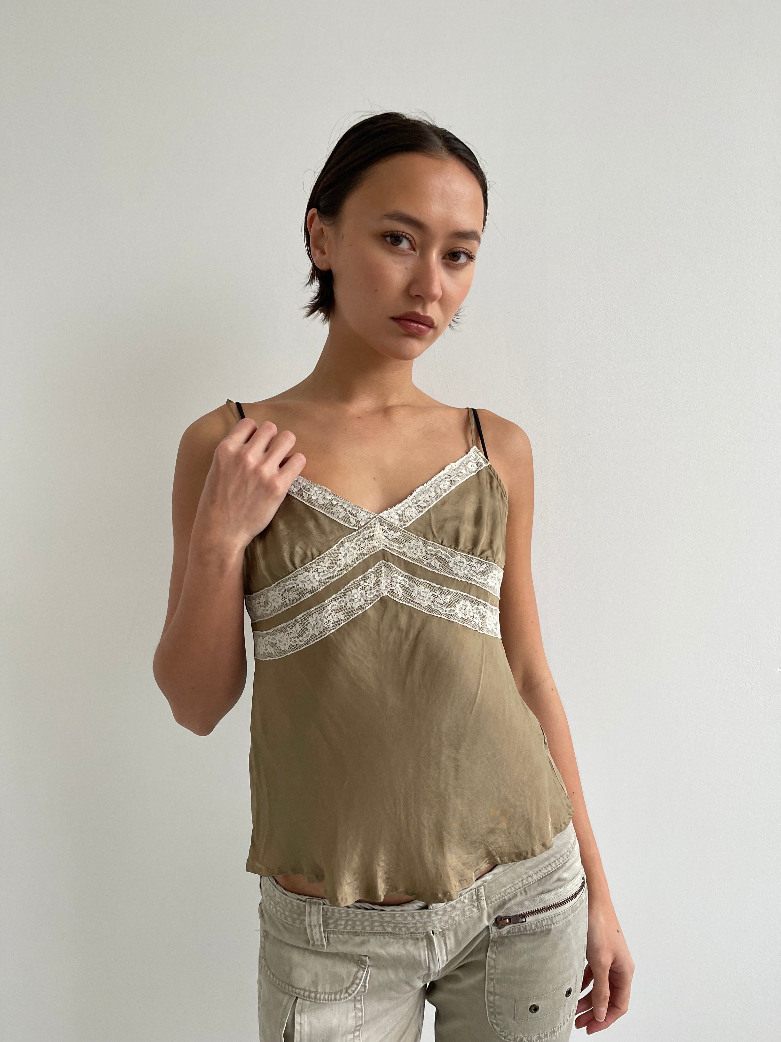 United Colors of Beneton khaki beige cami top with lace trims