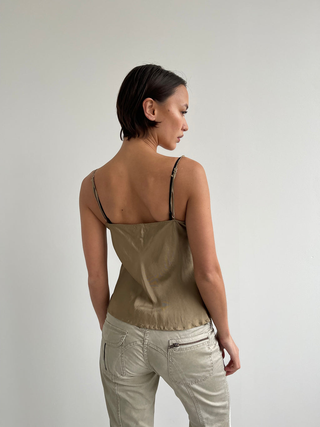 United Colors of Beneton khaki beige cami top with lace trims