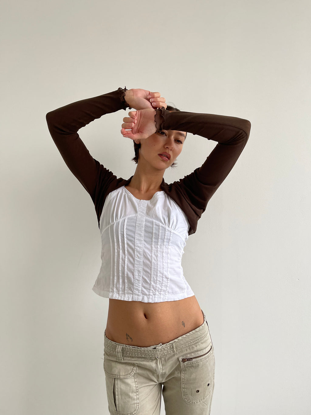 White pleated cotton cami top with lace trims