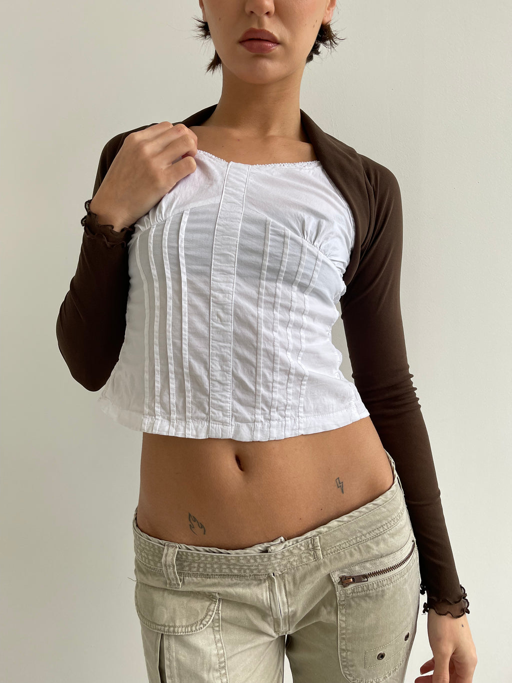 Brown mesh bolero top