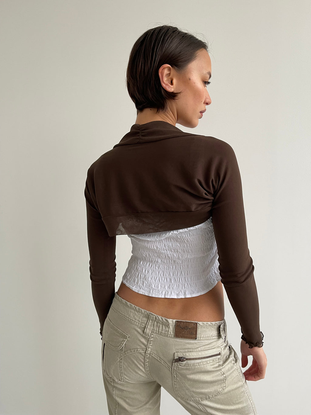 Brown mesh bolero top