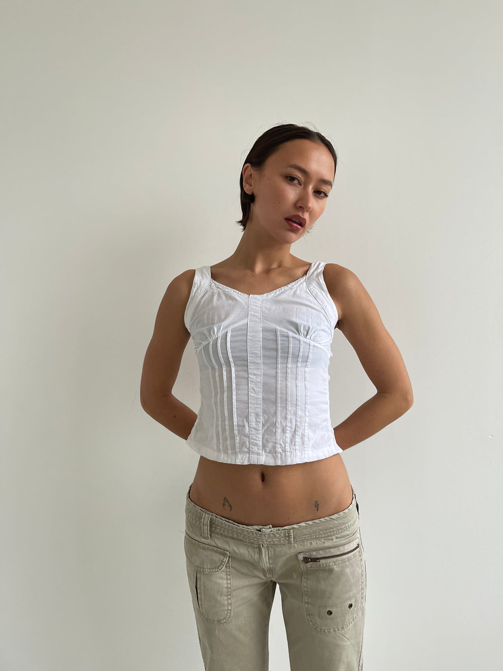 White pleated cotton cami top with lace trims