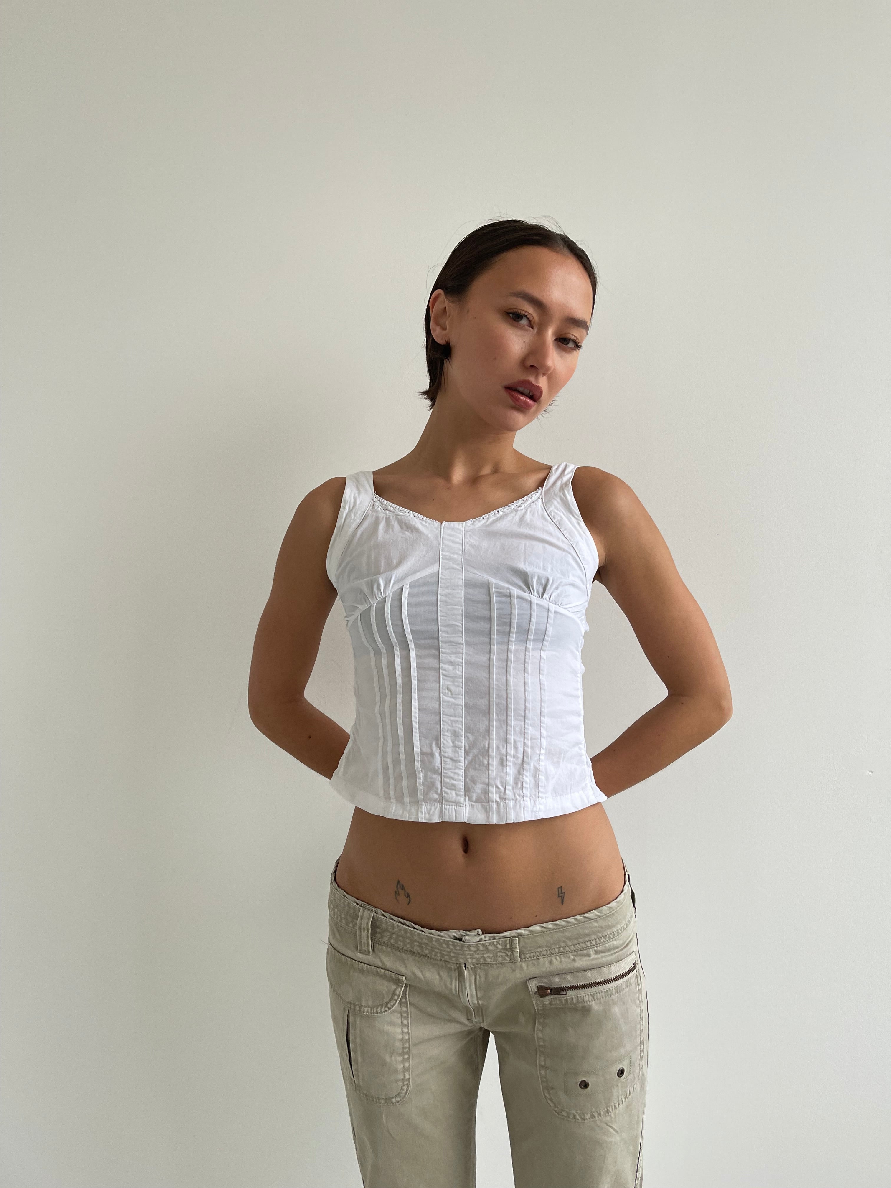 White pleated cotton cami top with lace trims