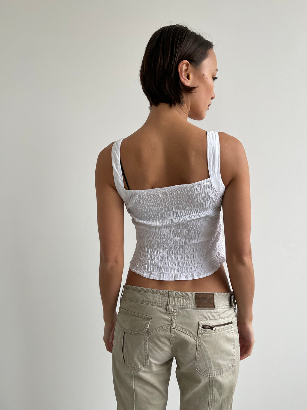White pleated cotton cami top with lace trims