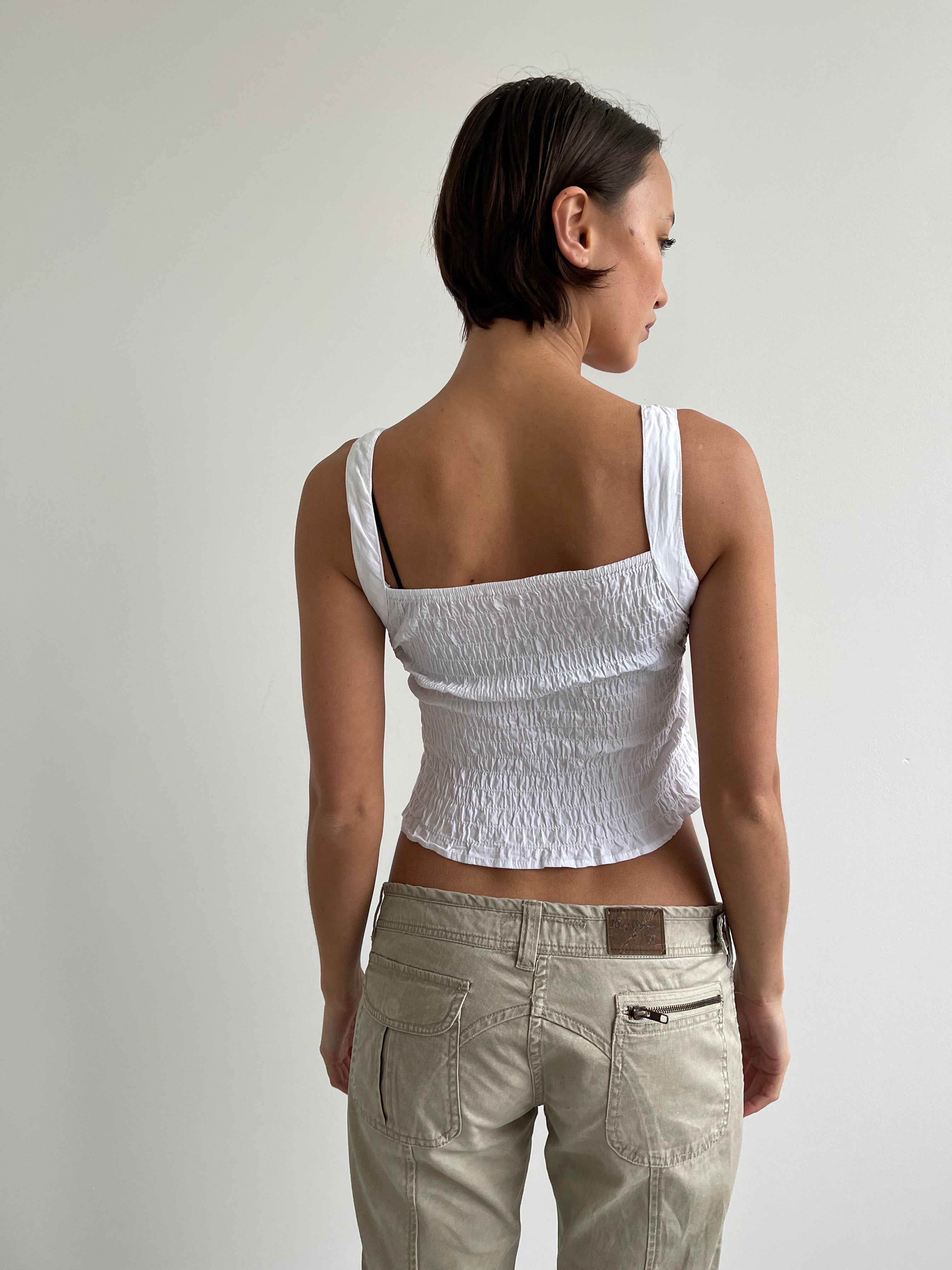 White pleated cotton cami top with lace trims