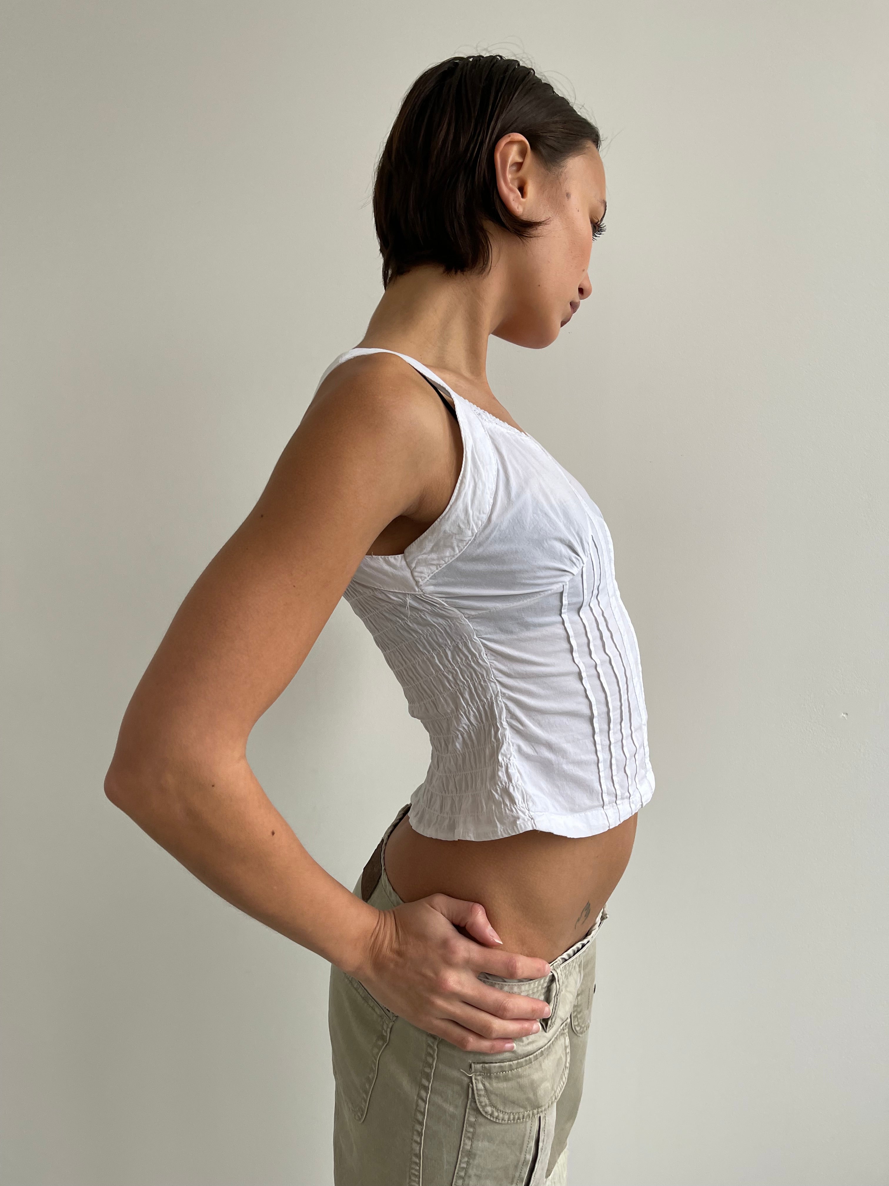 White pleated cotton cami top with lace trims