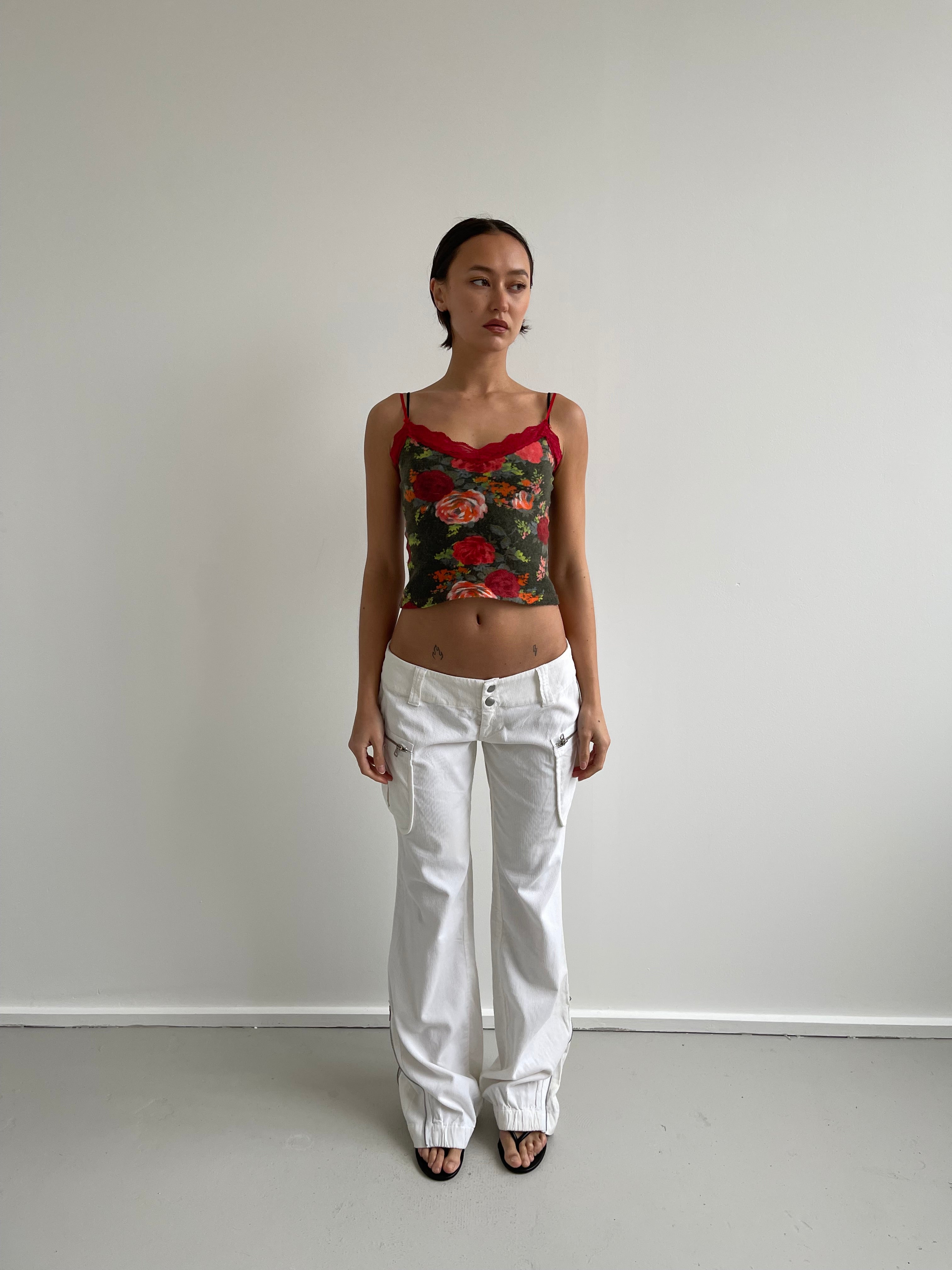 Red and khaki green floral fine knit top