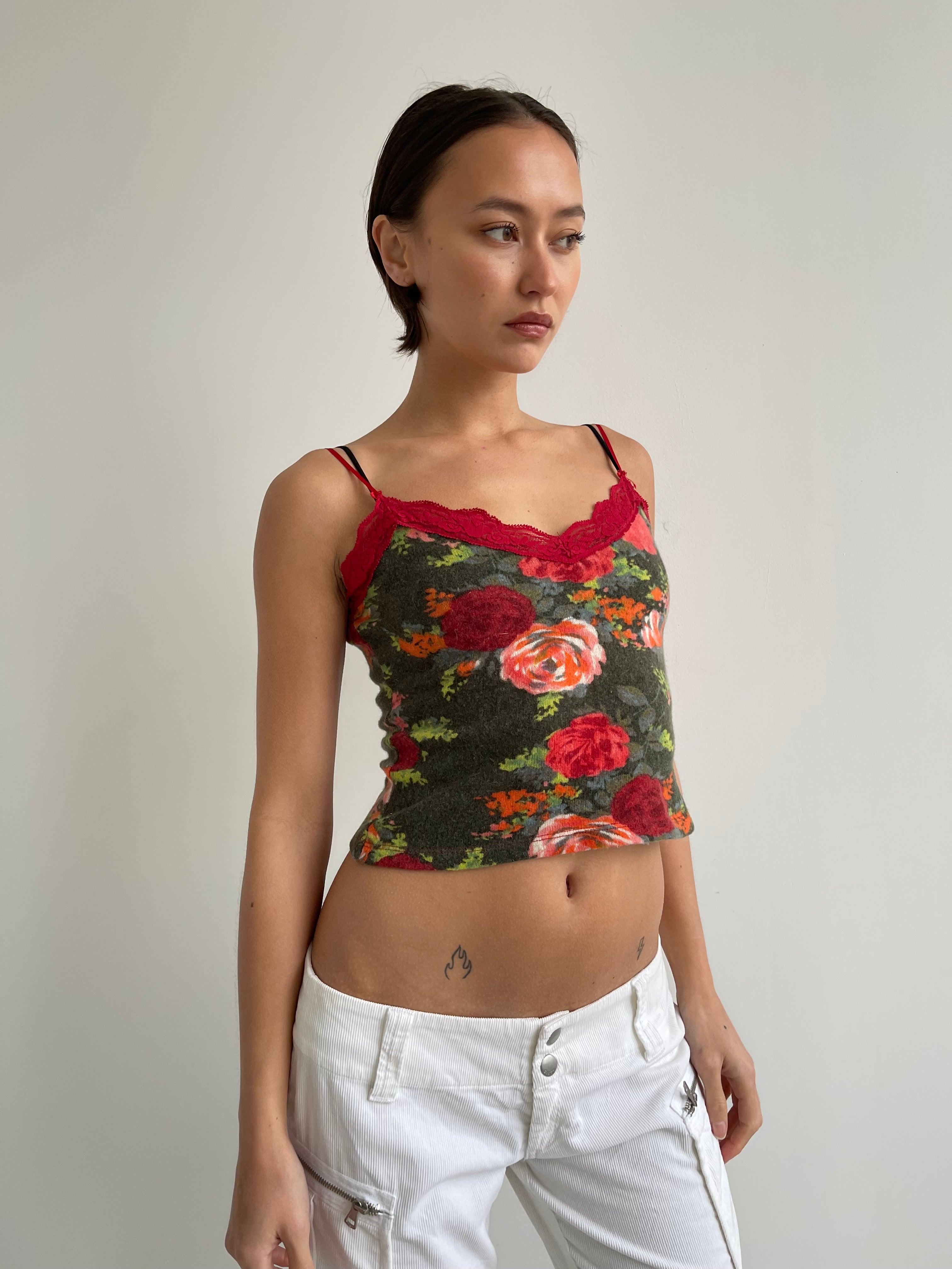 Red and khaki green floral fine knit top