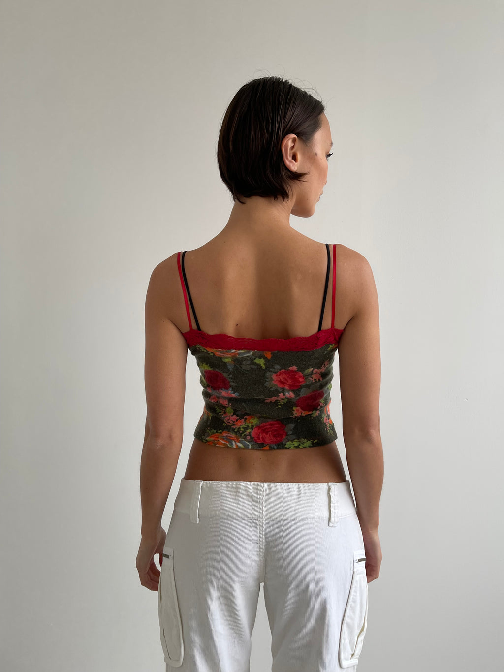 Red and khaki green floral fine knit top