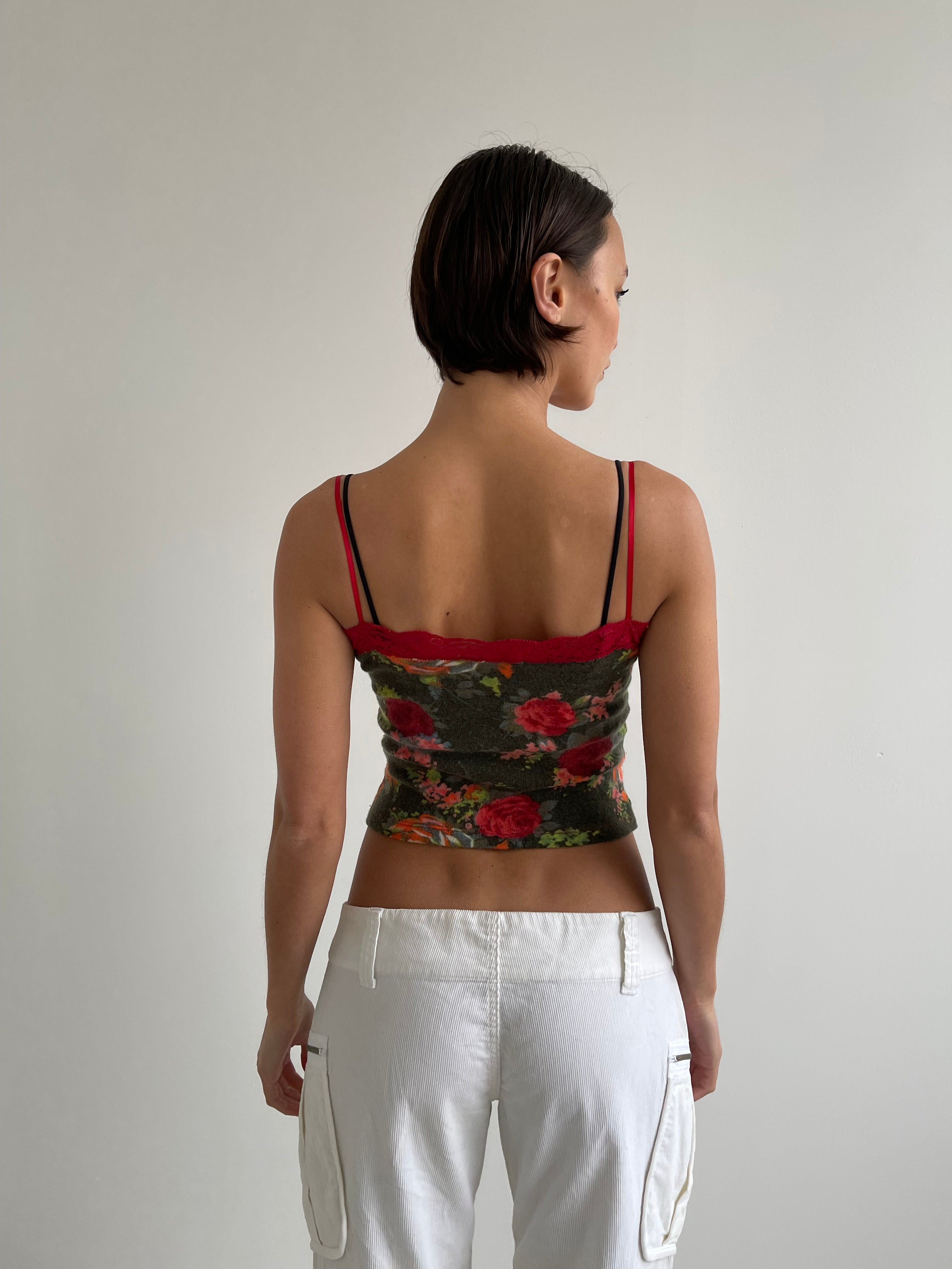 Red and khaki green floral fine knit top