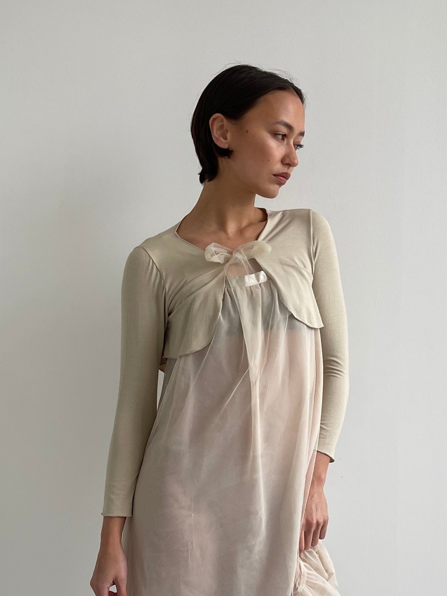 Beige bolero top with mesh tie