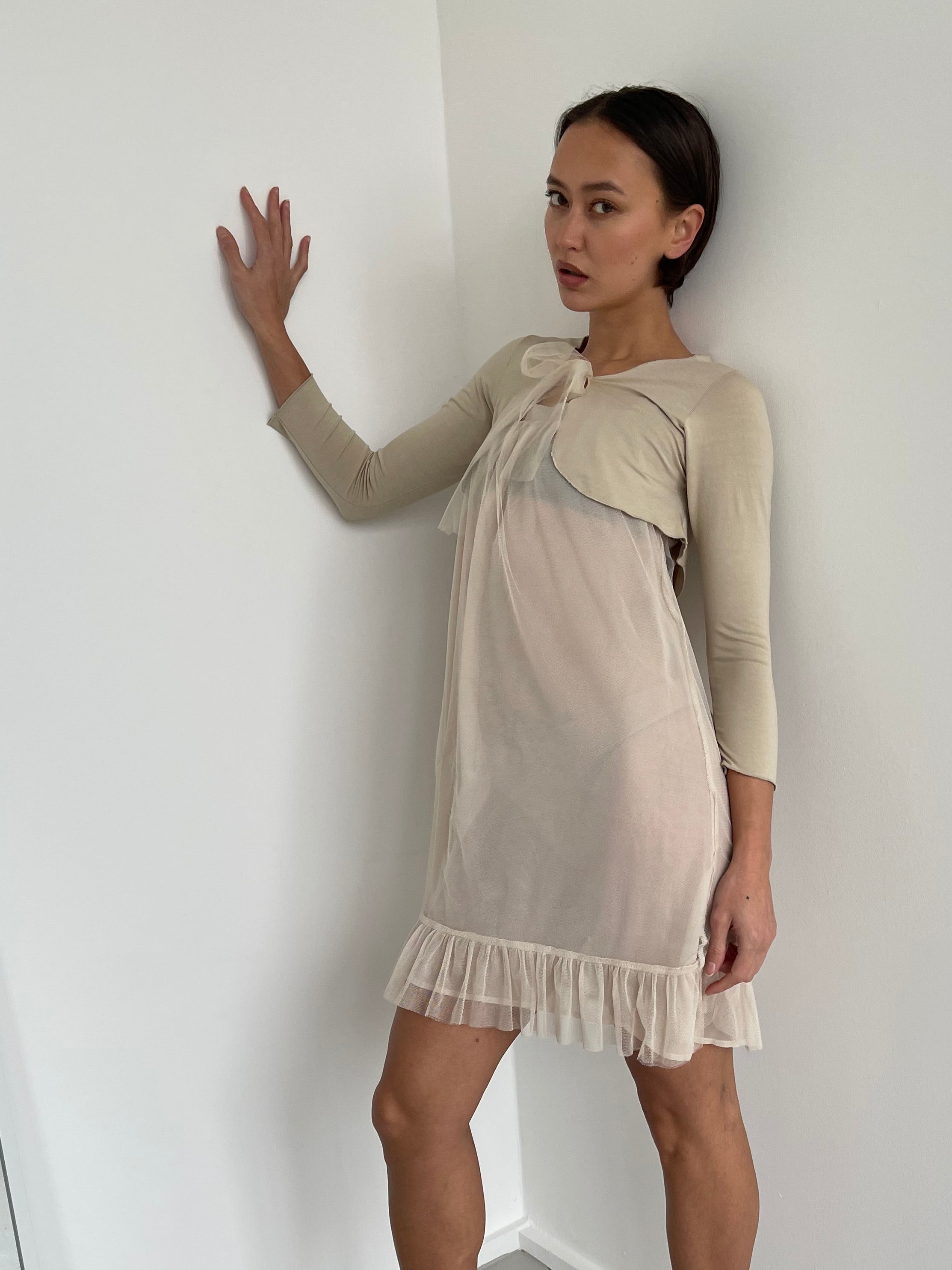 Beige bolero top with mesh tie
