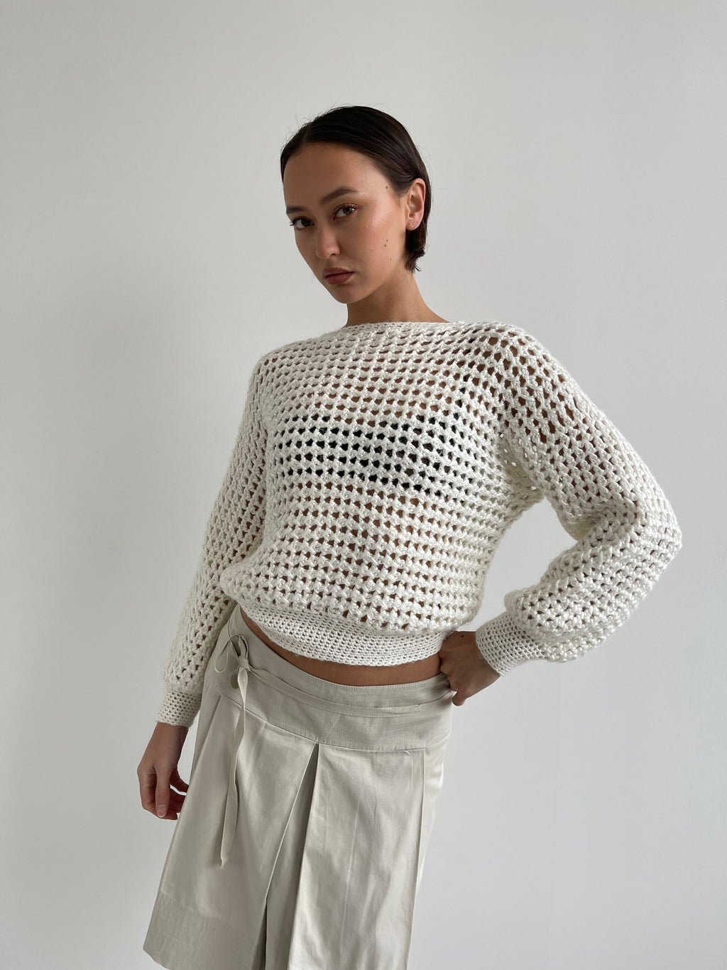 Cream loose knit boat neck jumper