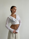 White wrap around cardigan with frilly detail
