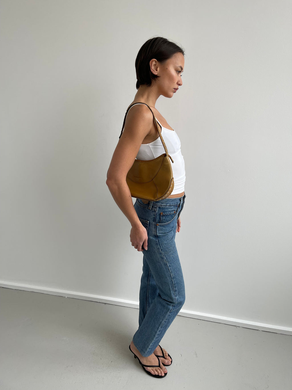 Tan handbag with stitch detail