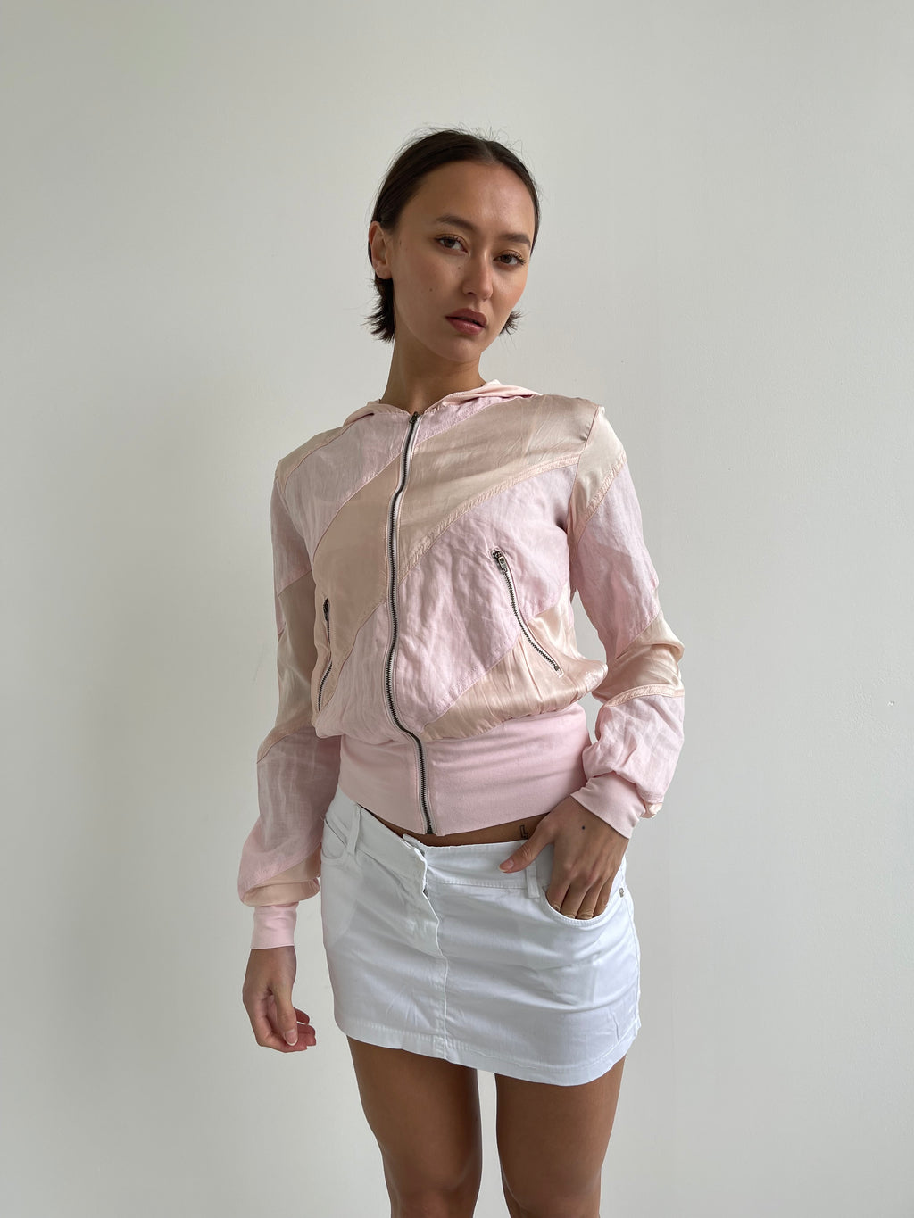 Fornarina pink silk and linen hooded bomber