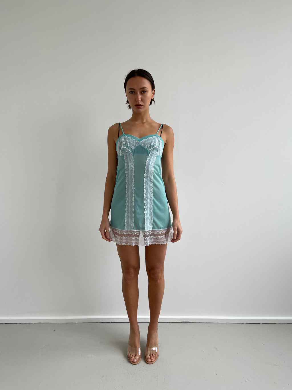 Turquoise blue cami slip dress with white lace