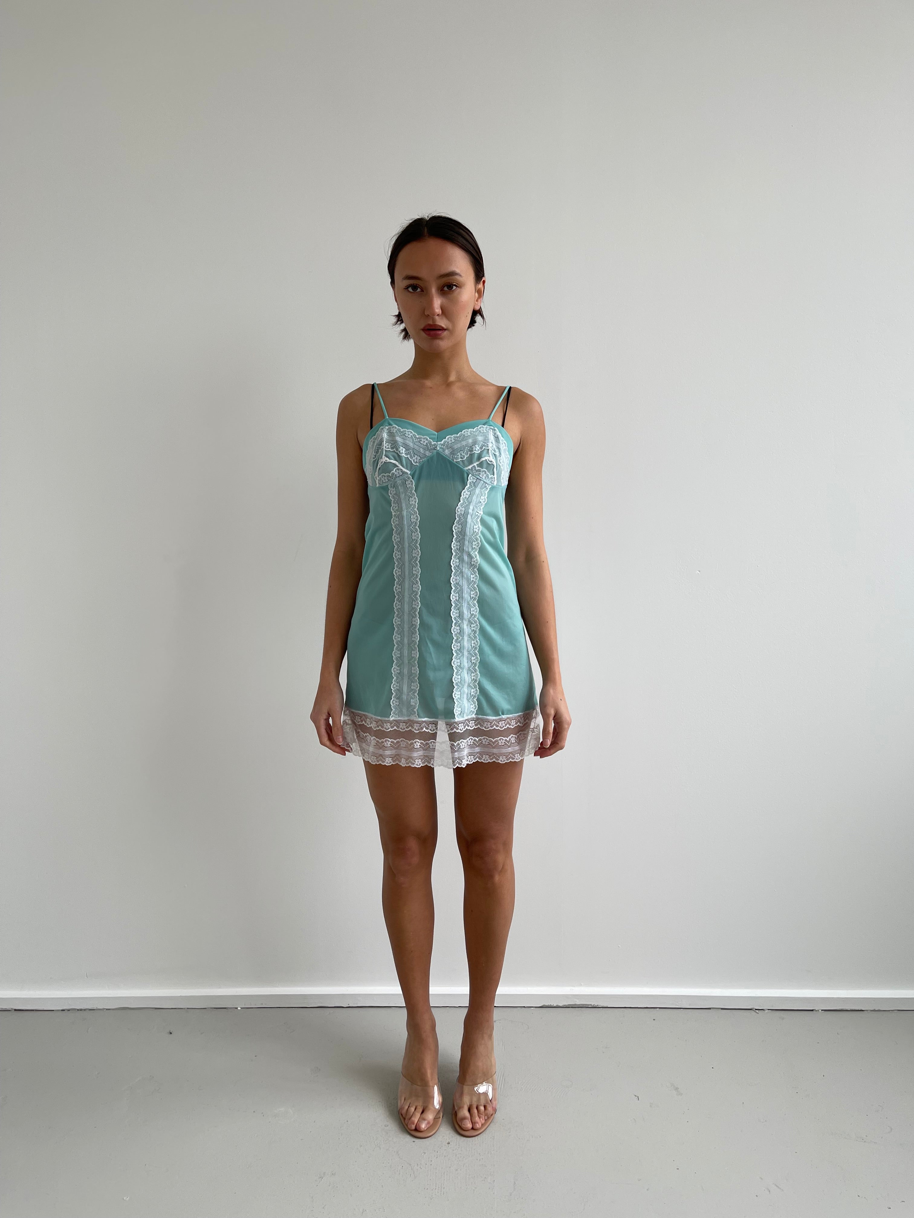 Turquoise blue cami slip dress with white lace