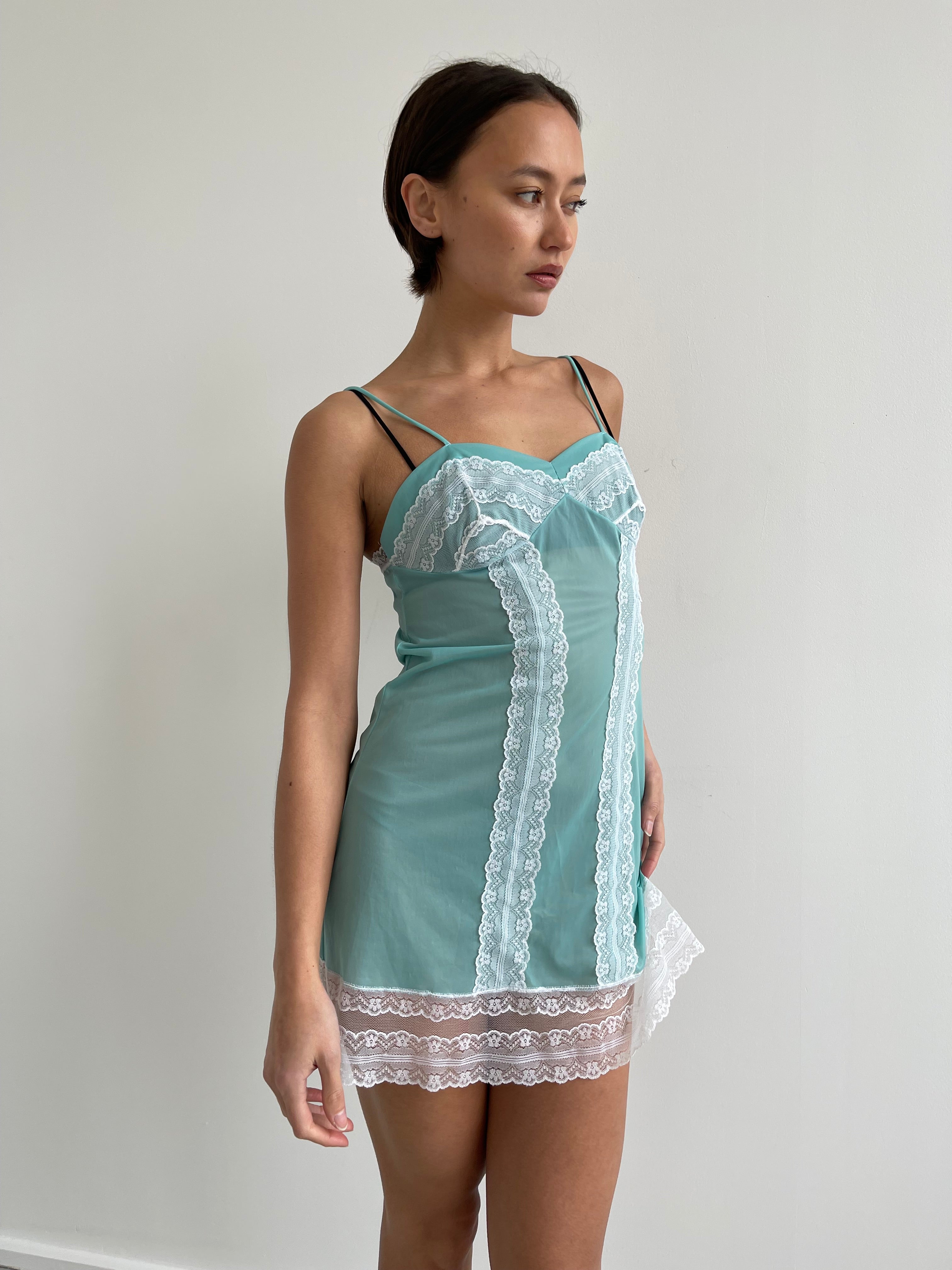 Turquoise blue cami slip dress with white lace