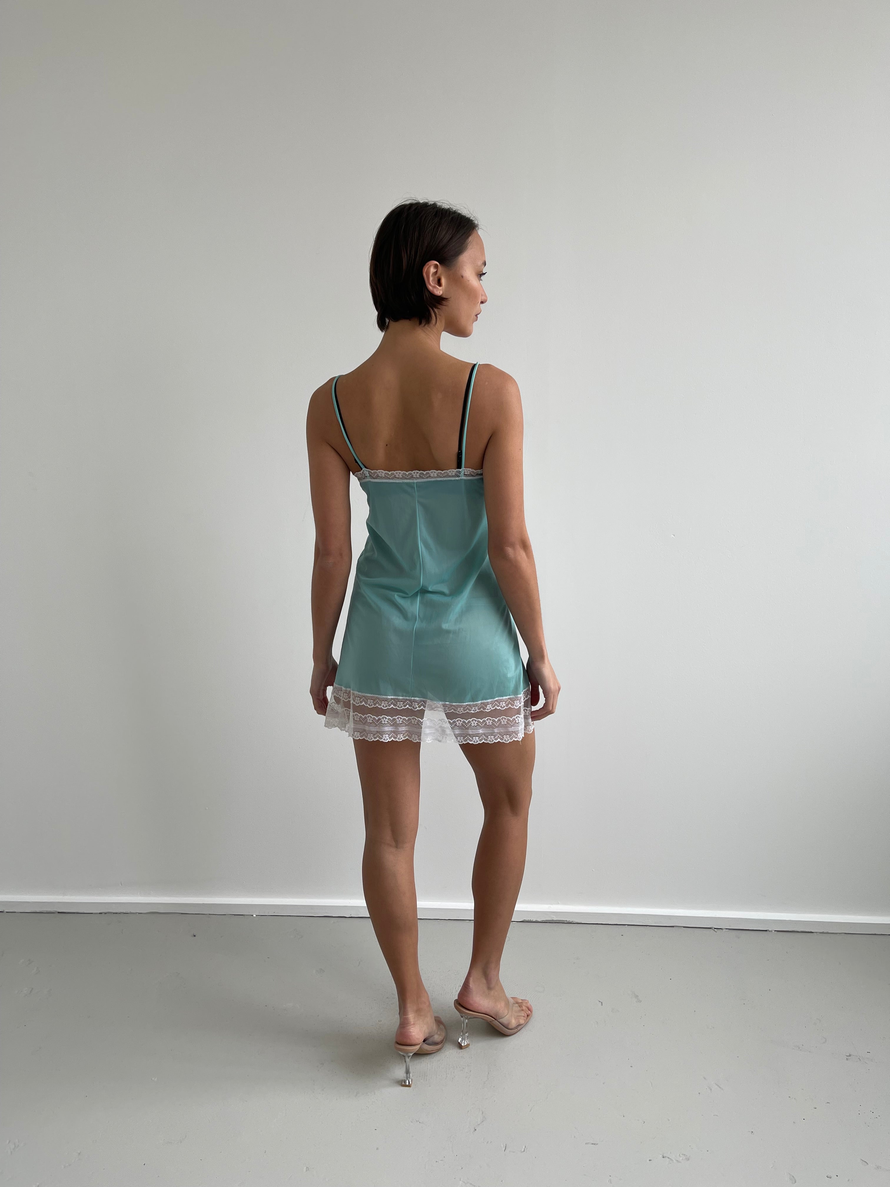 Turquoise blue cami slip dress with white lace