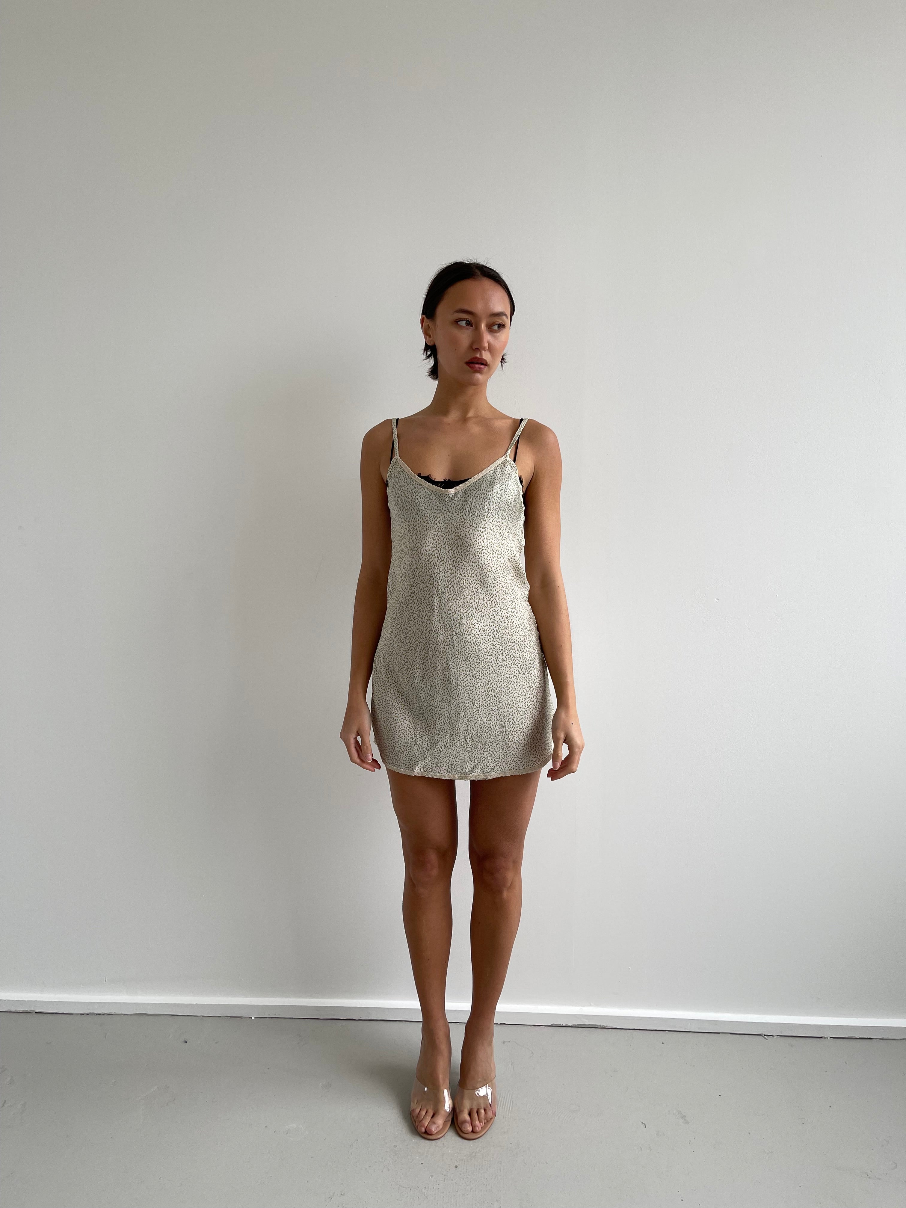 Pink green and cream floral satin slip dress
