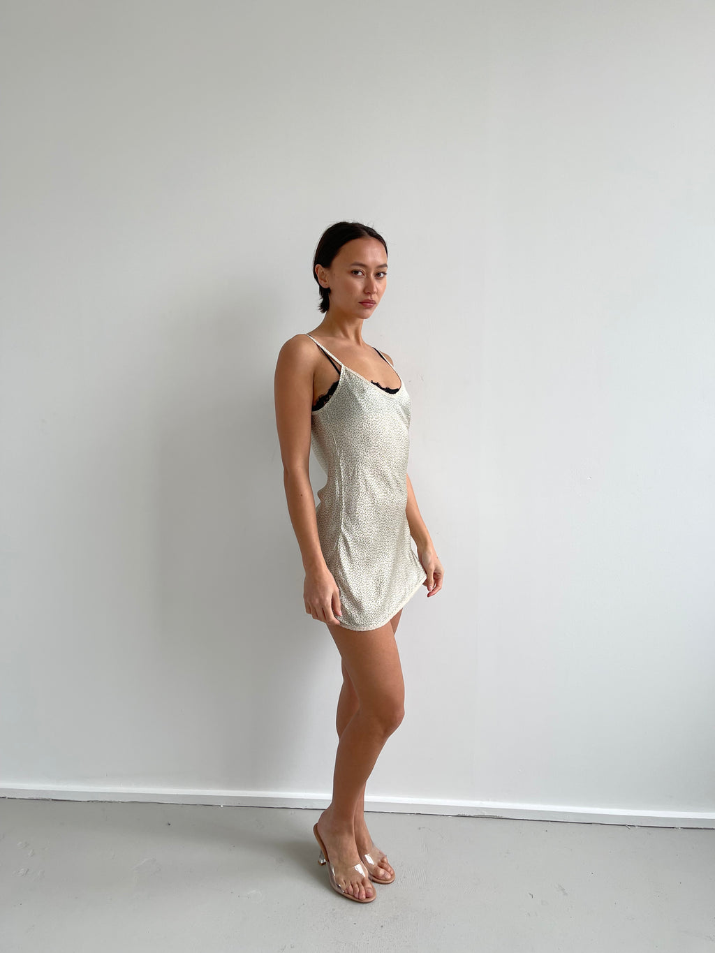 Pink green and cream floral satin slip dress