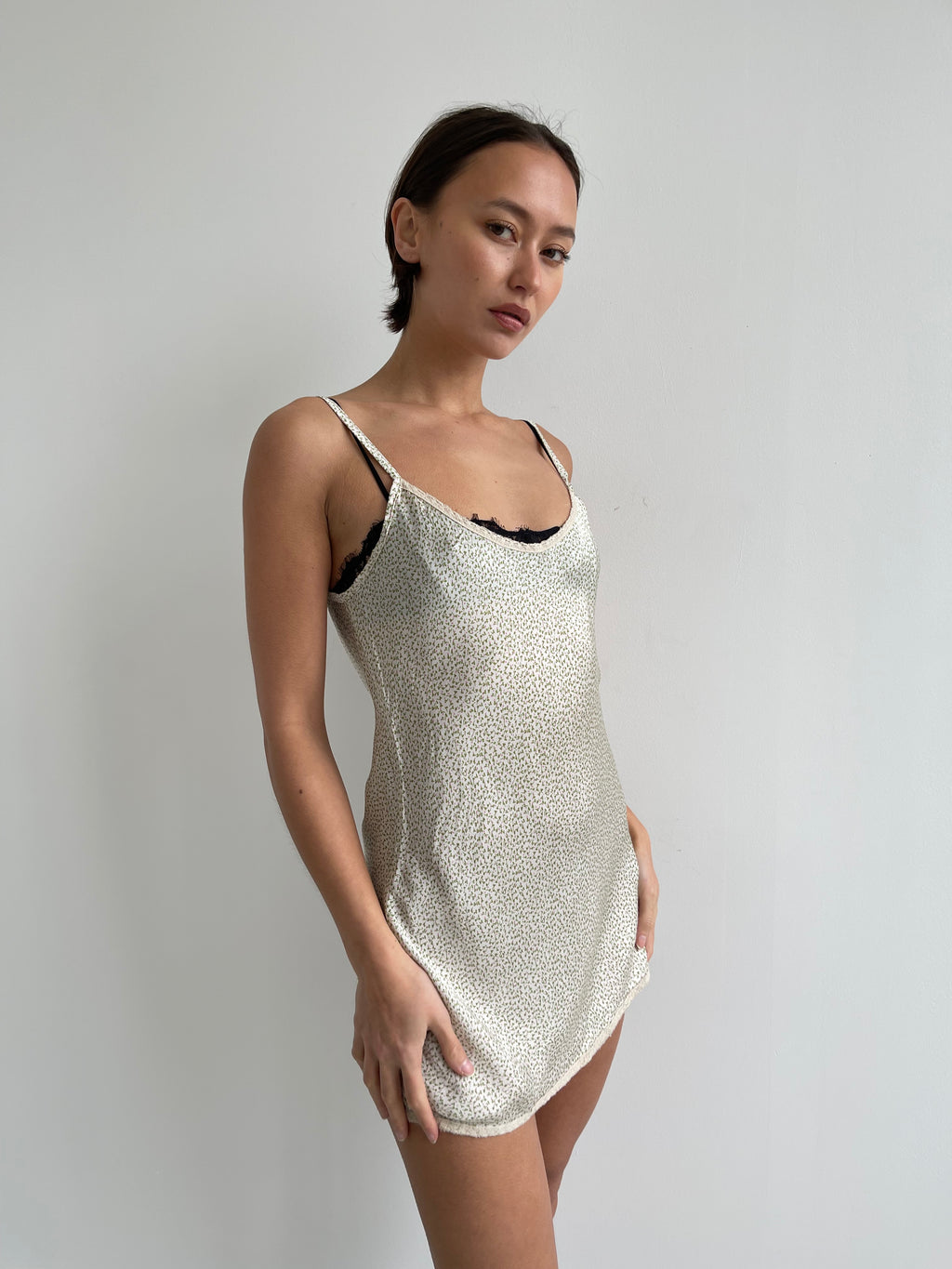 Pink green and cream floral satin slip dress