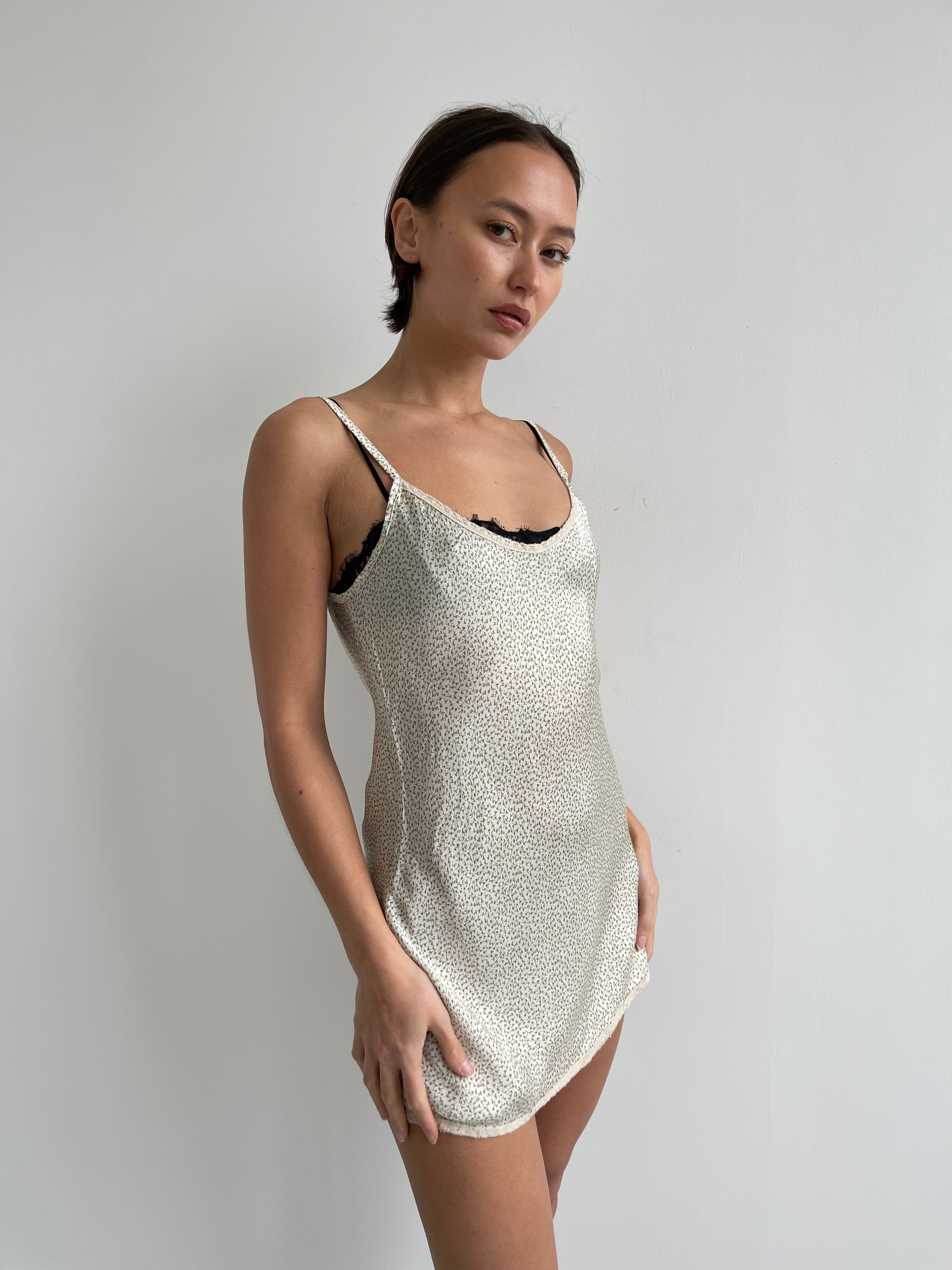 Pink green and cream floral satin slip dress