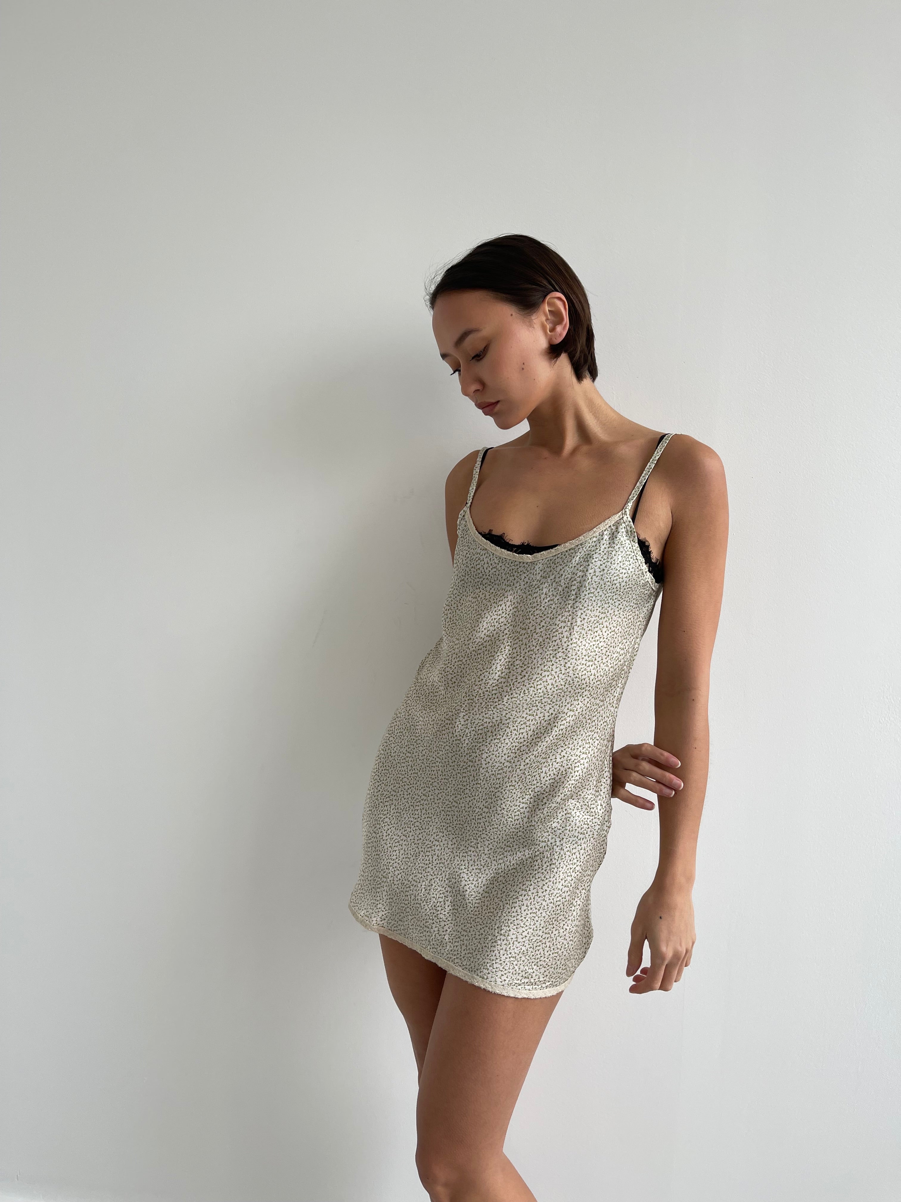 Pink green and cream floral satin slip dress