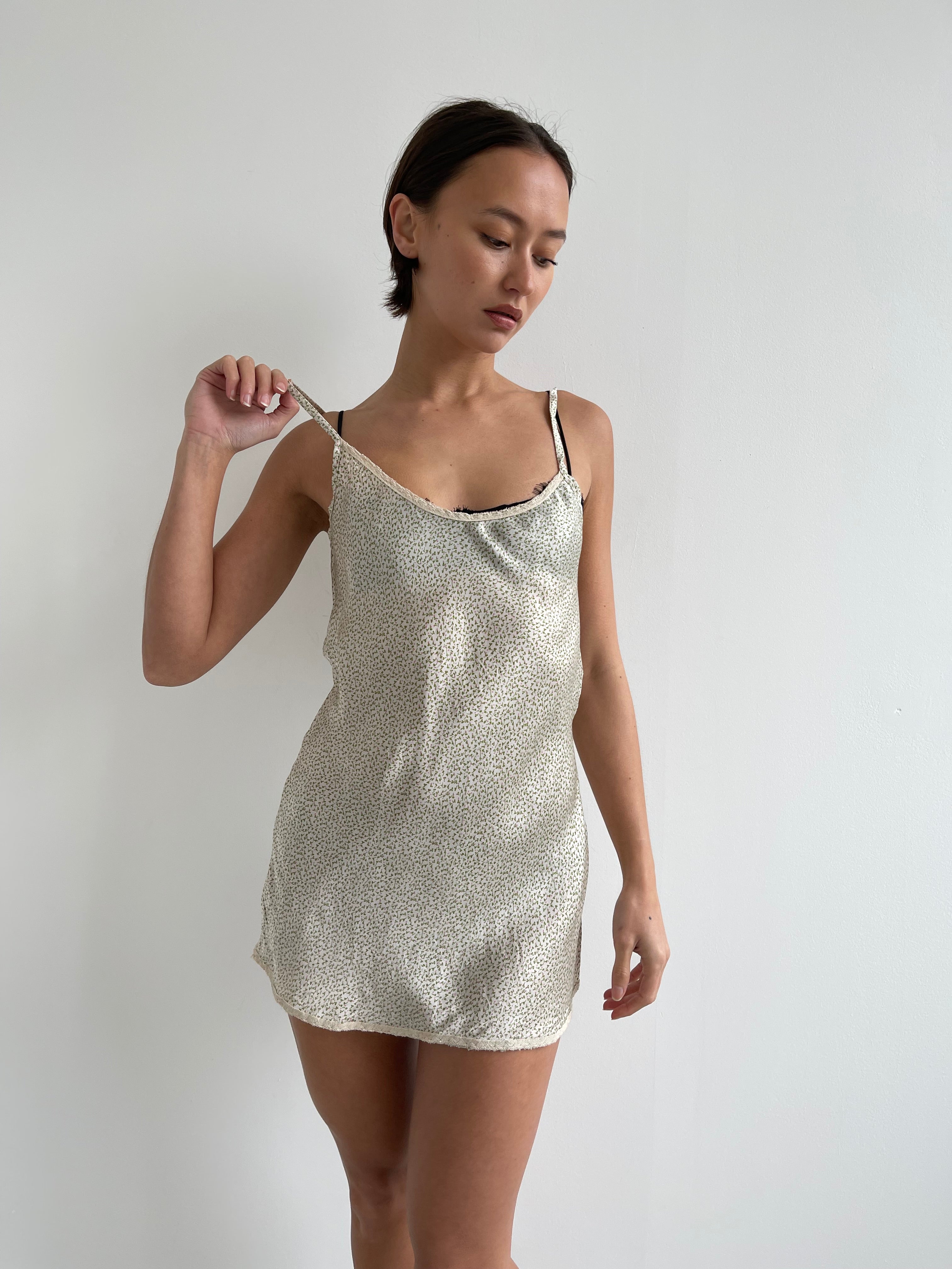 Pink green and cream floral satin slip dress