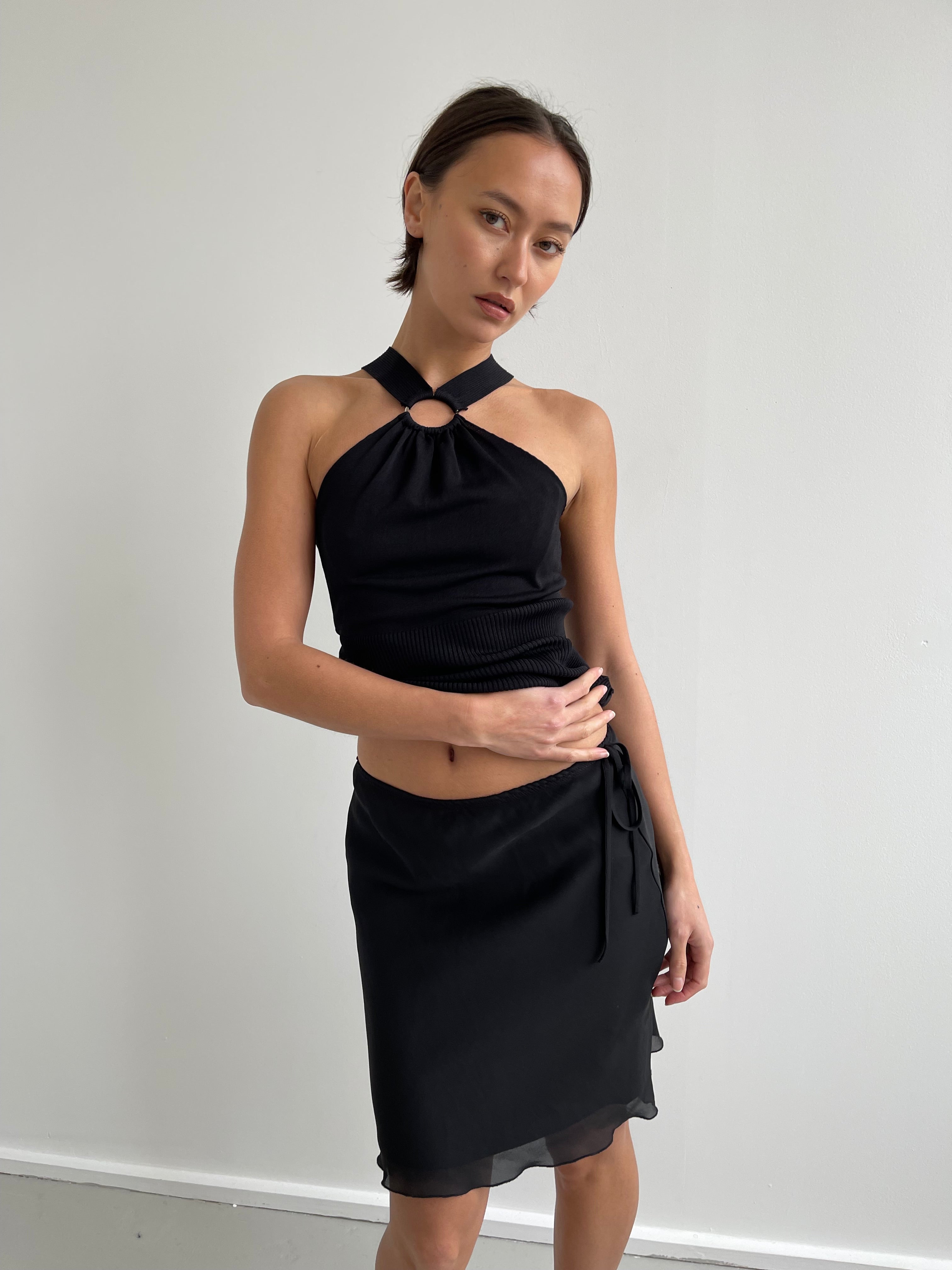 Black fine knit high neck top with O ring