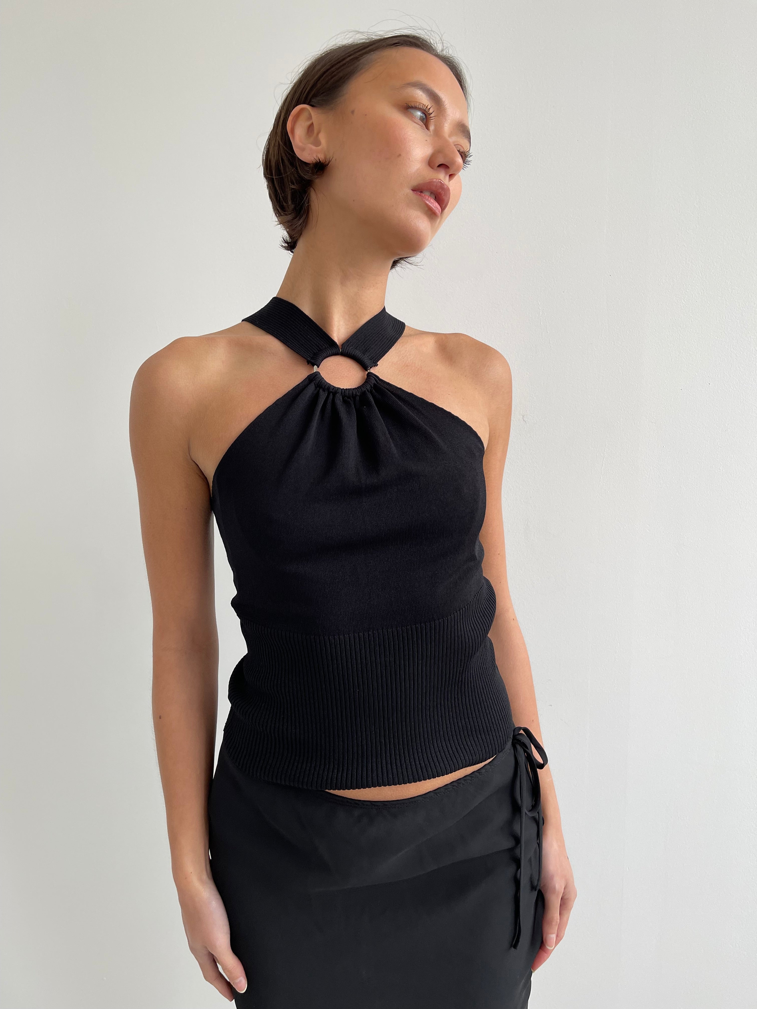 Black fine knit high neck top with O ring