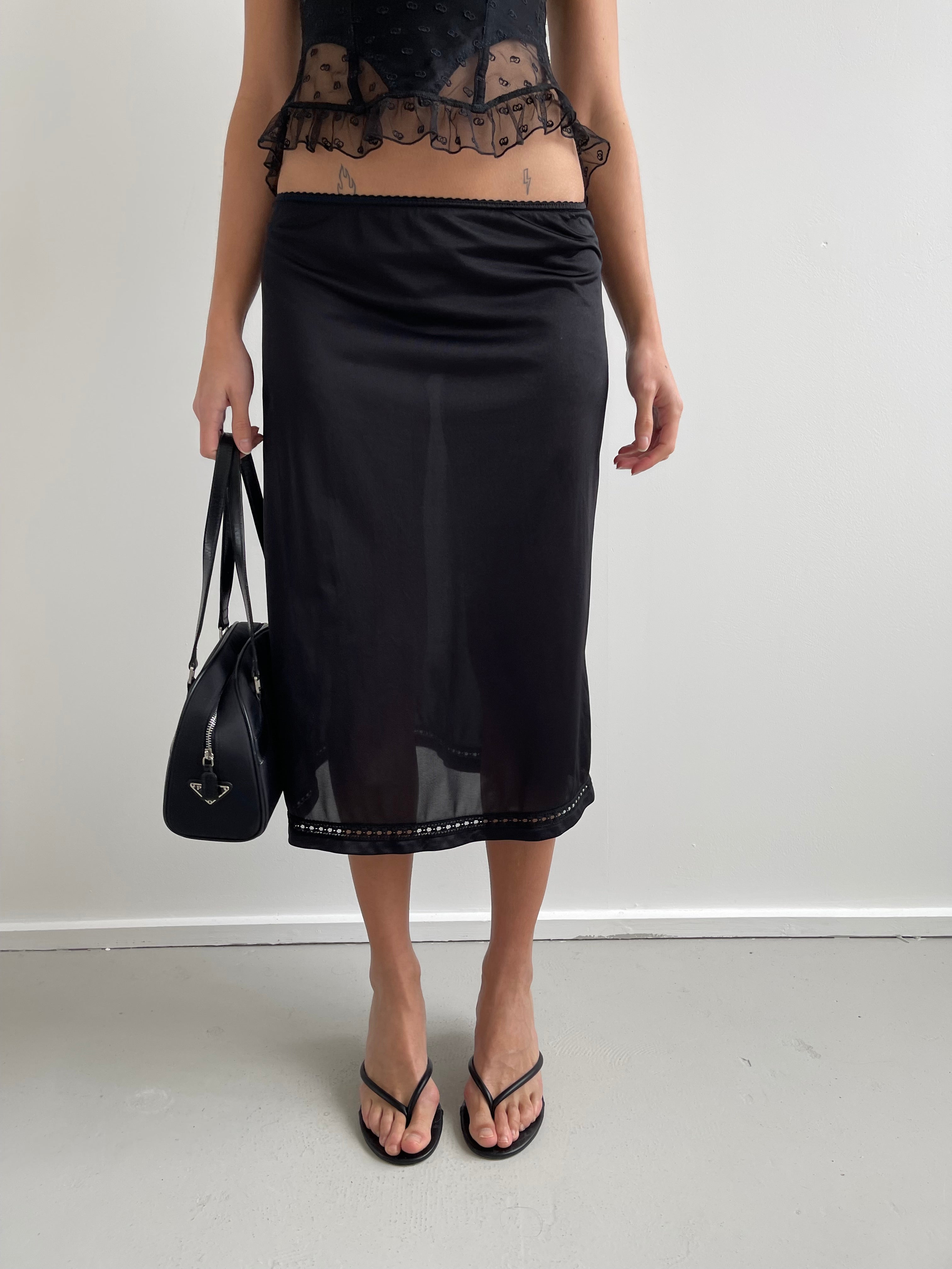 Vintage black slip skirt with lace trim