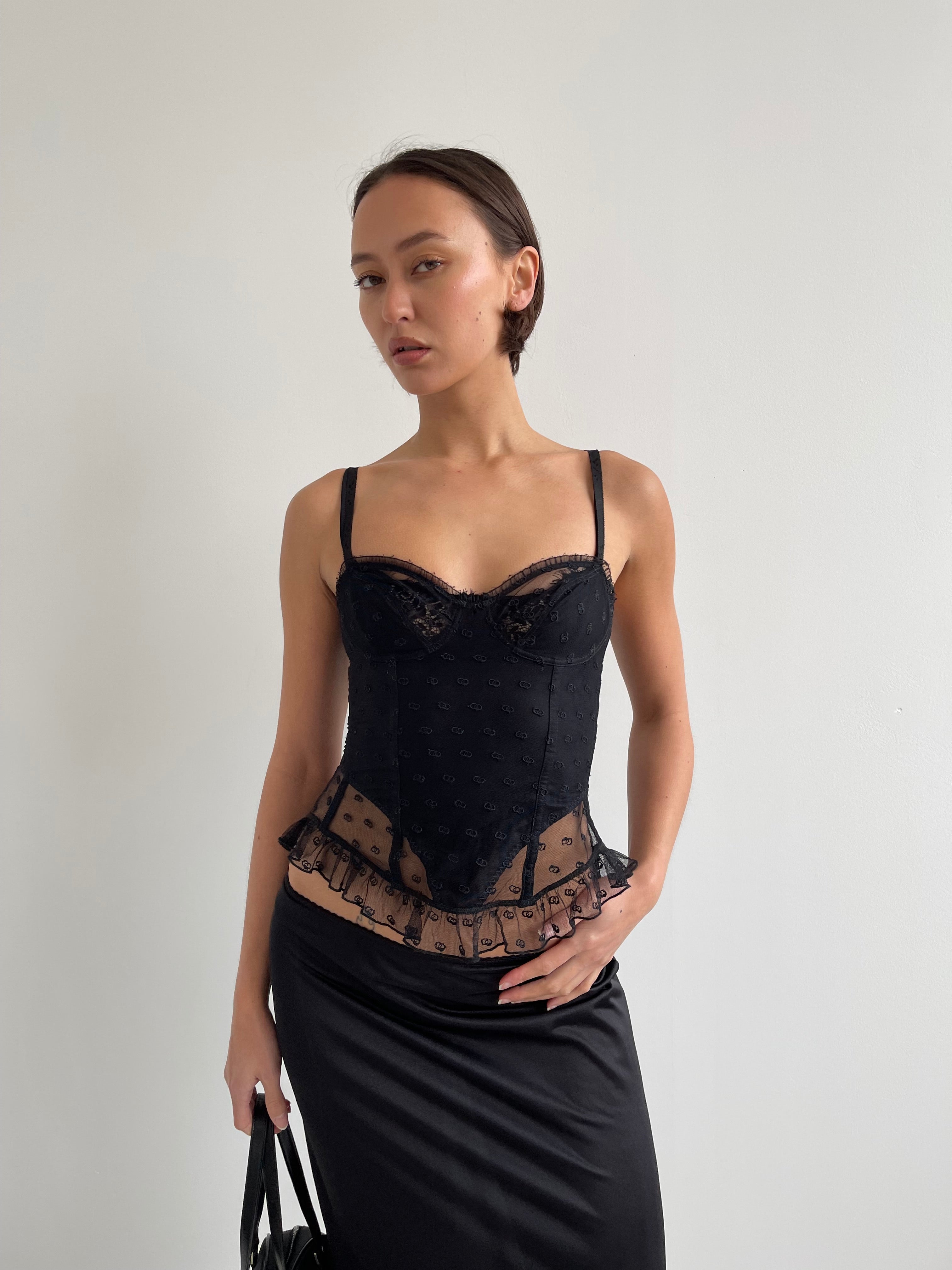 Black mesh corset top with embroidered detail