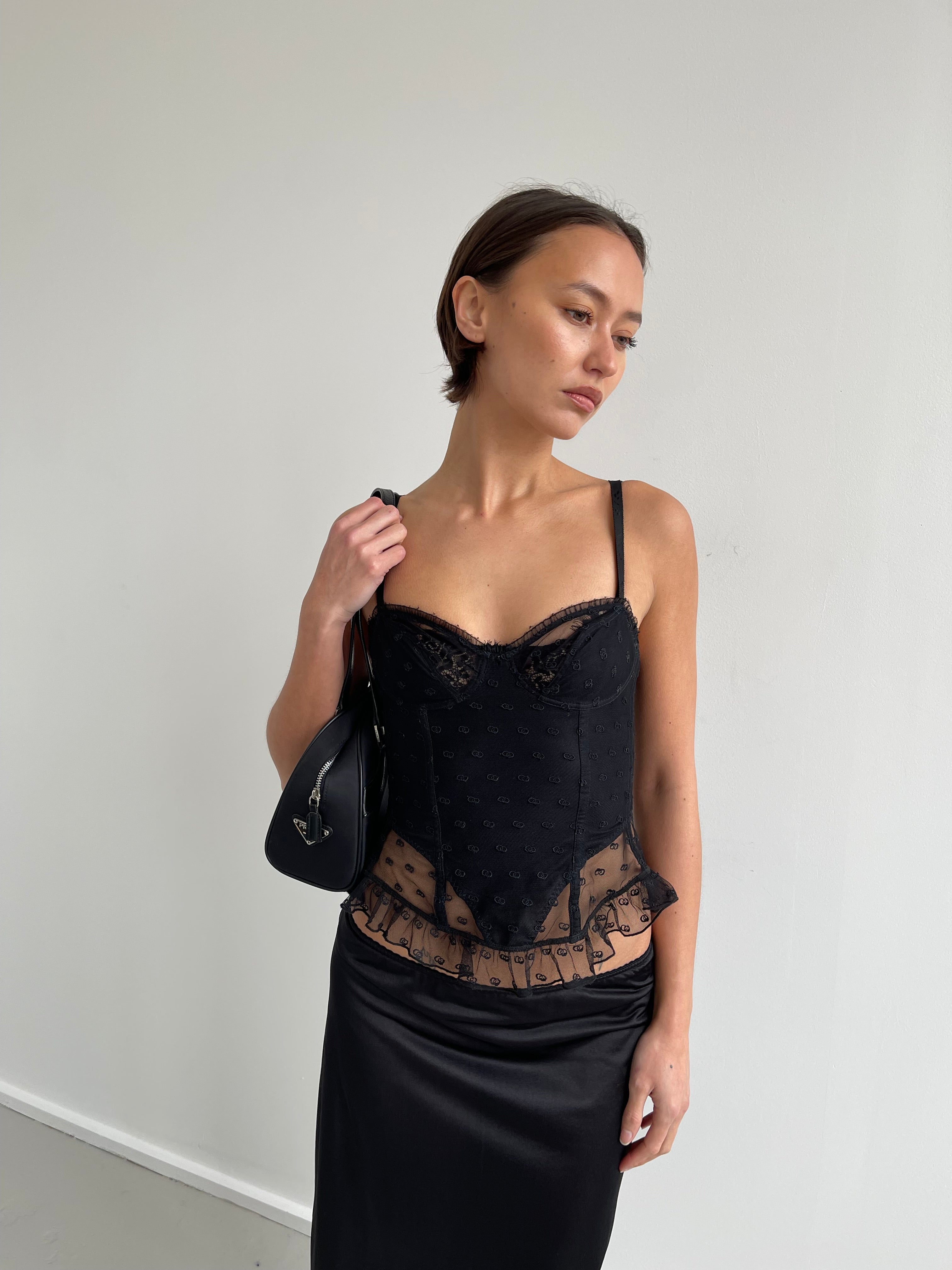Black mesh corset top with embroidered detail