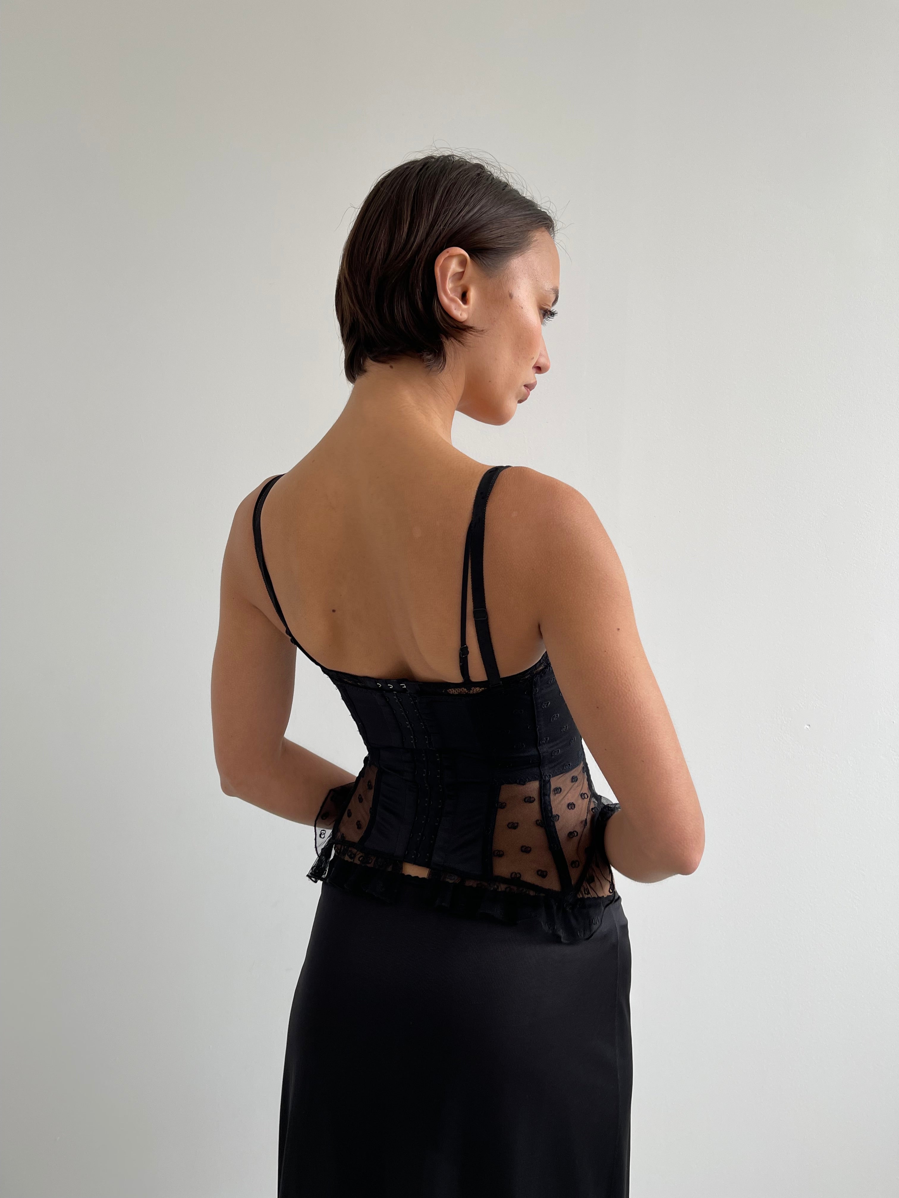 Black mesh corset top with embroidered detail