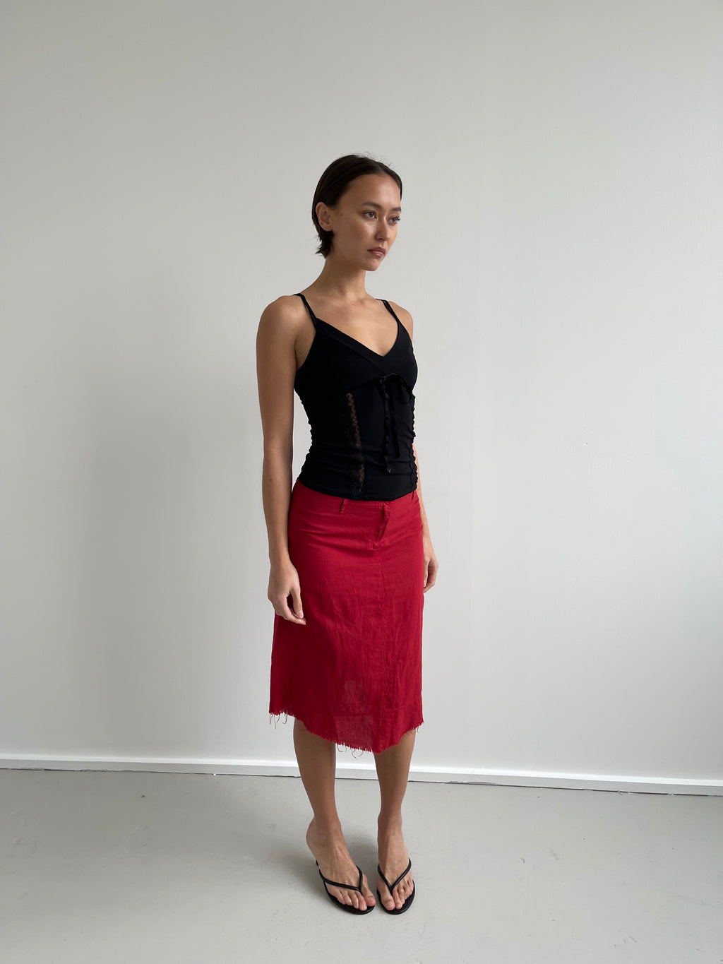 Vintage red linen midi skirt