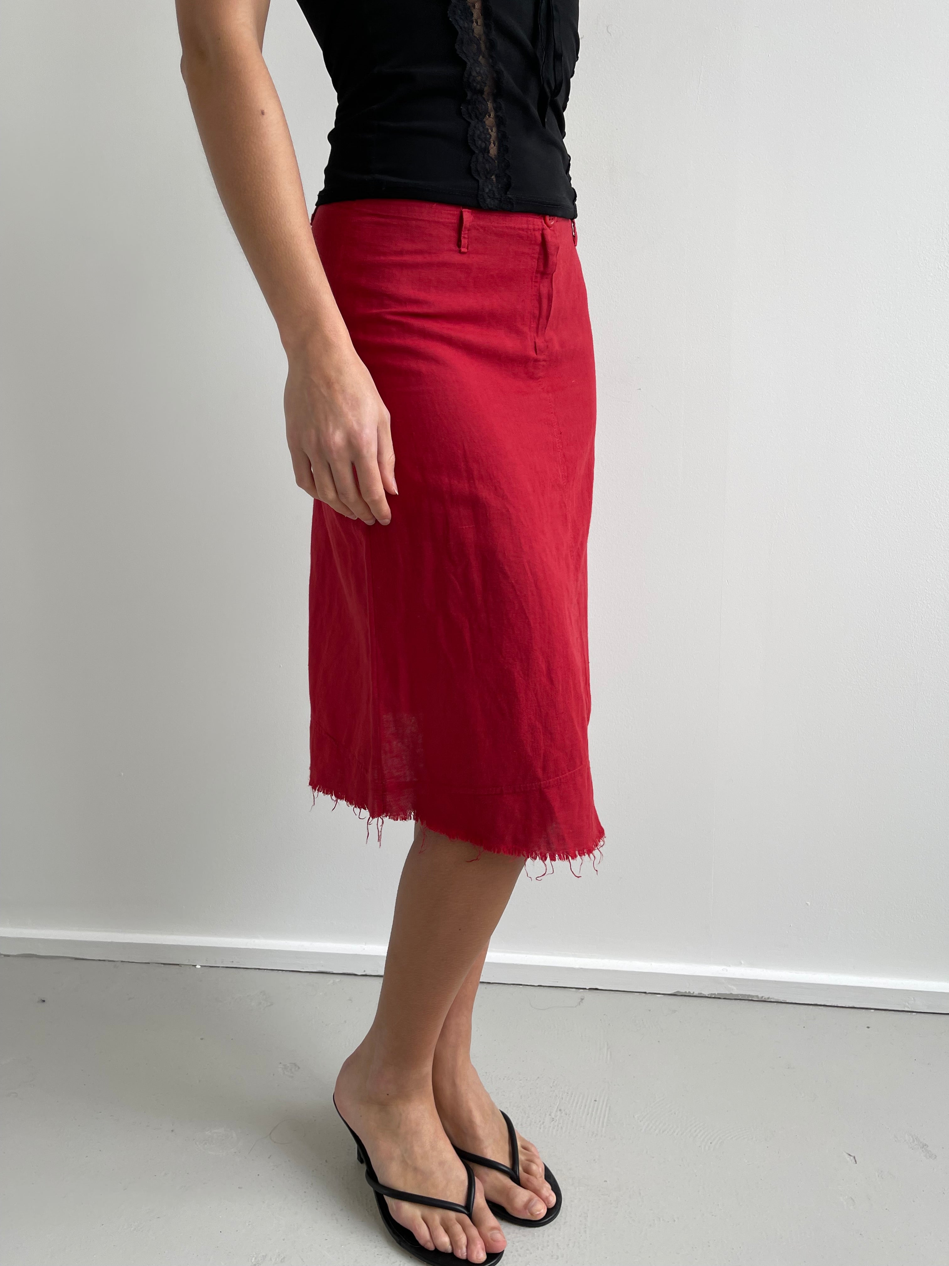 Vintage red linen midi skirt