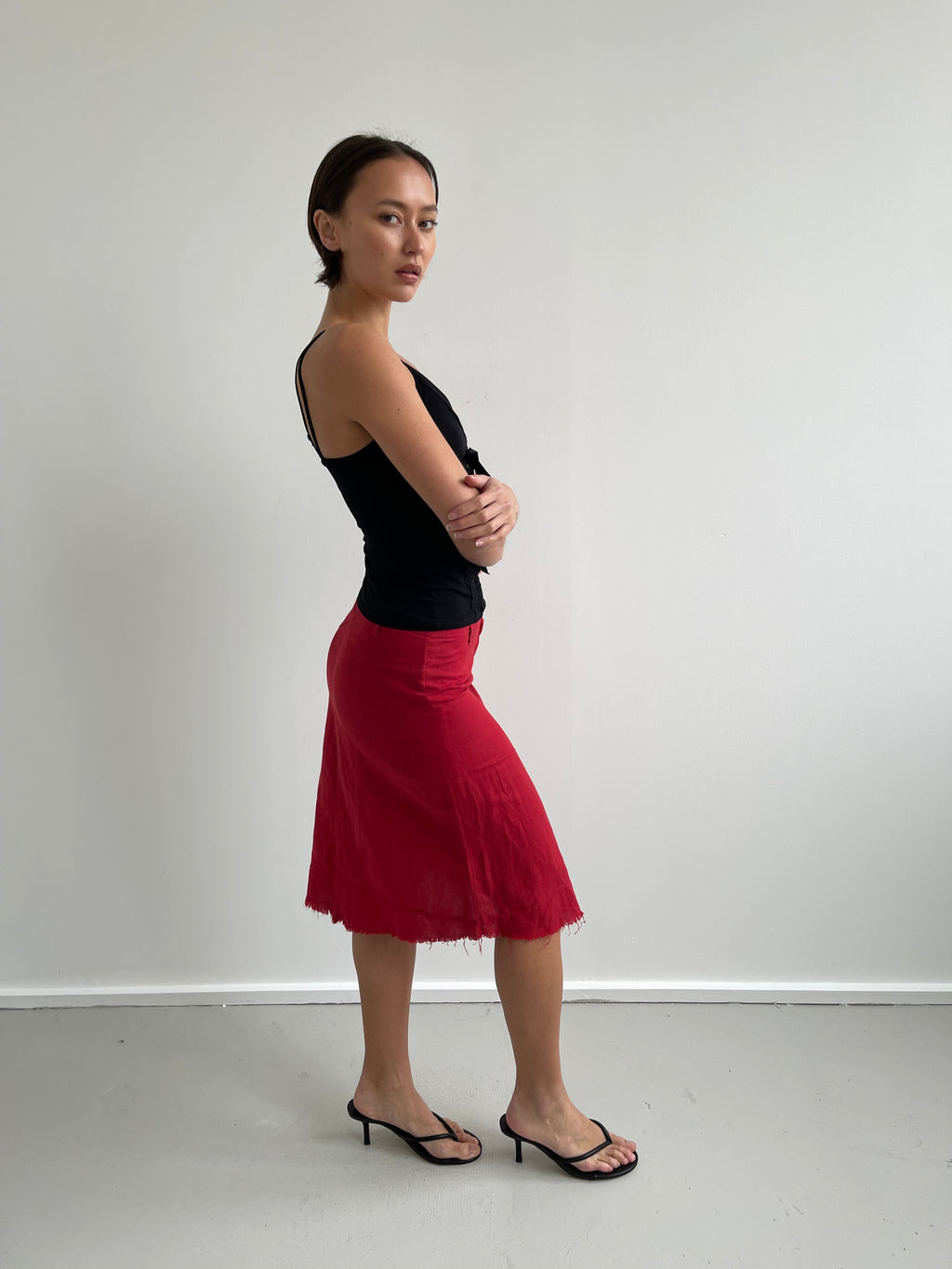 Vintage red linen midi skirt