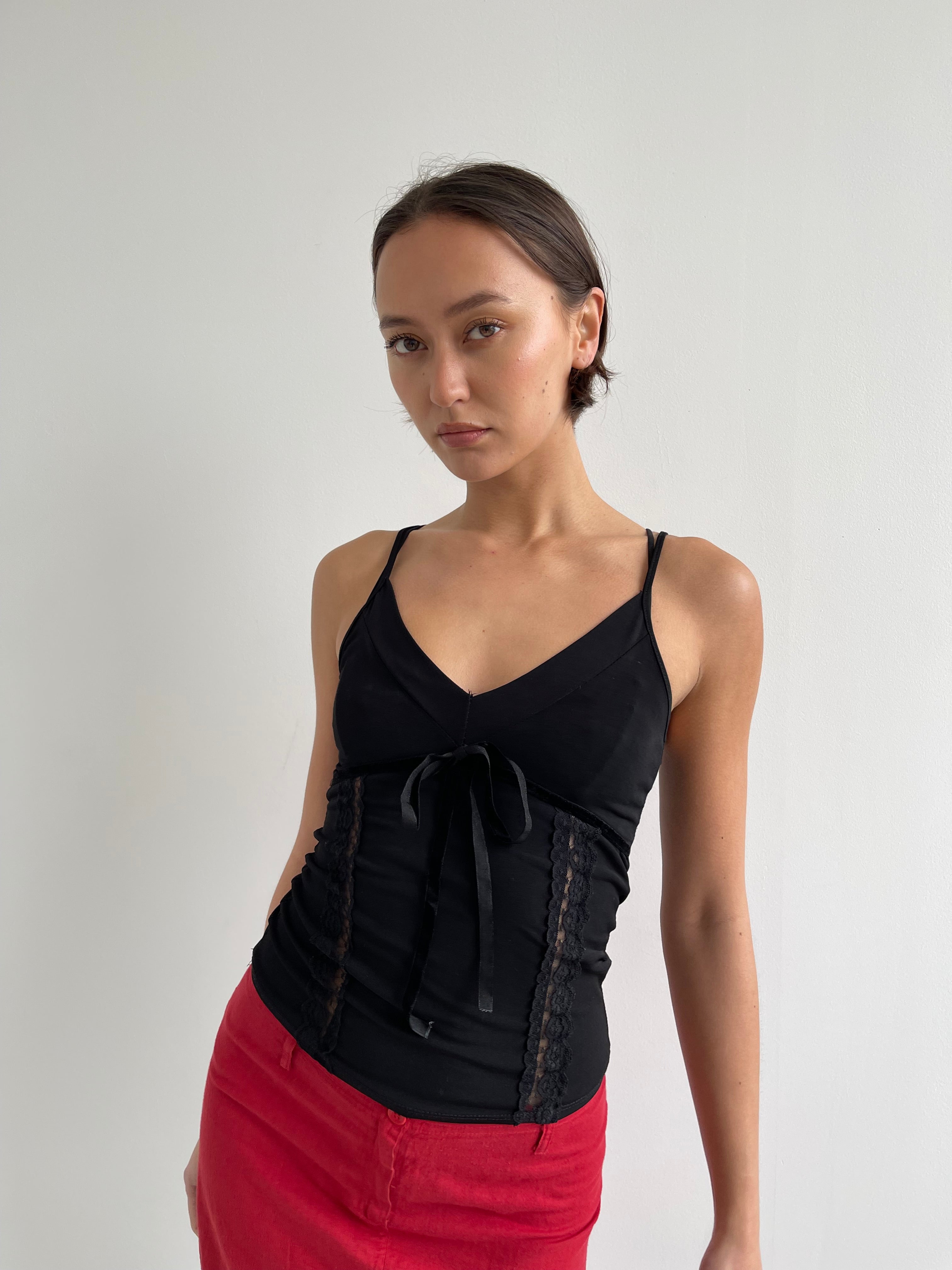 Black cami top with sheer lace panels