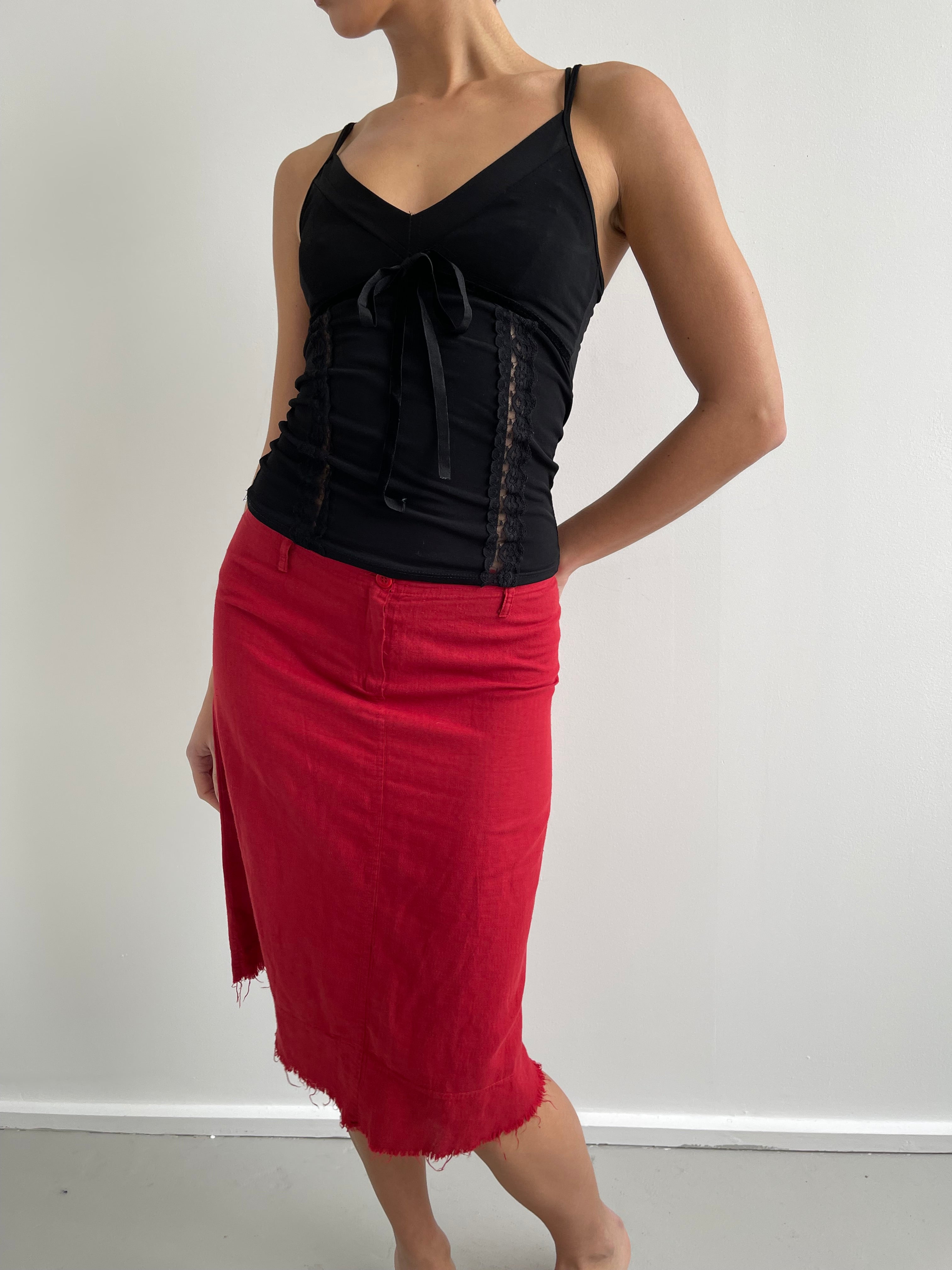 Vintage red linen midi skirt