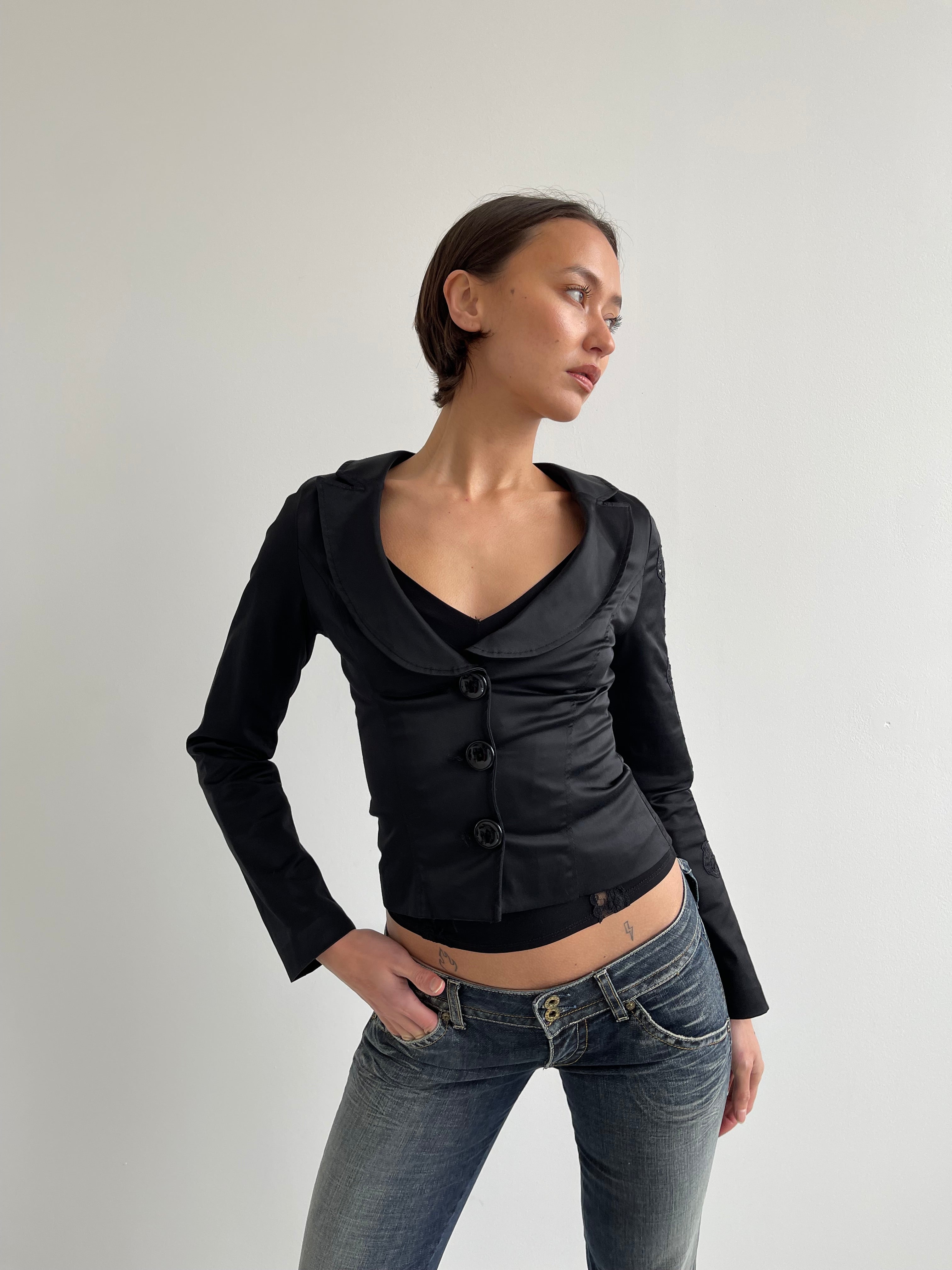 Vintage black satin fitted jacket